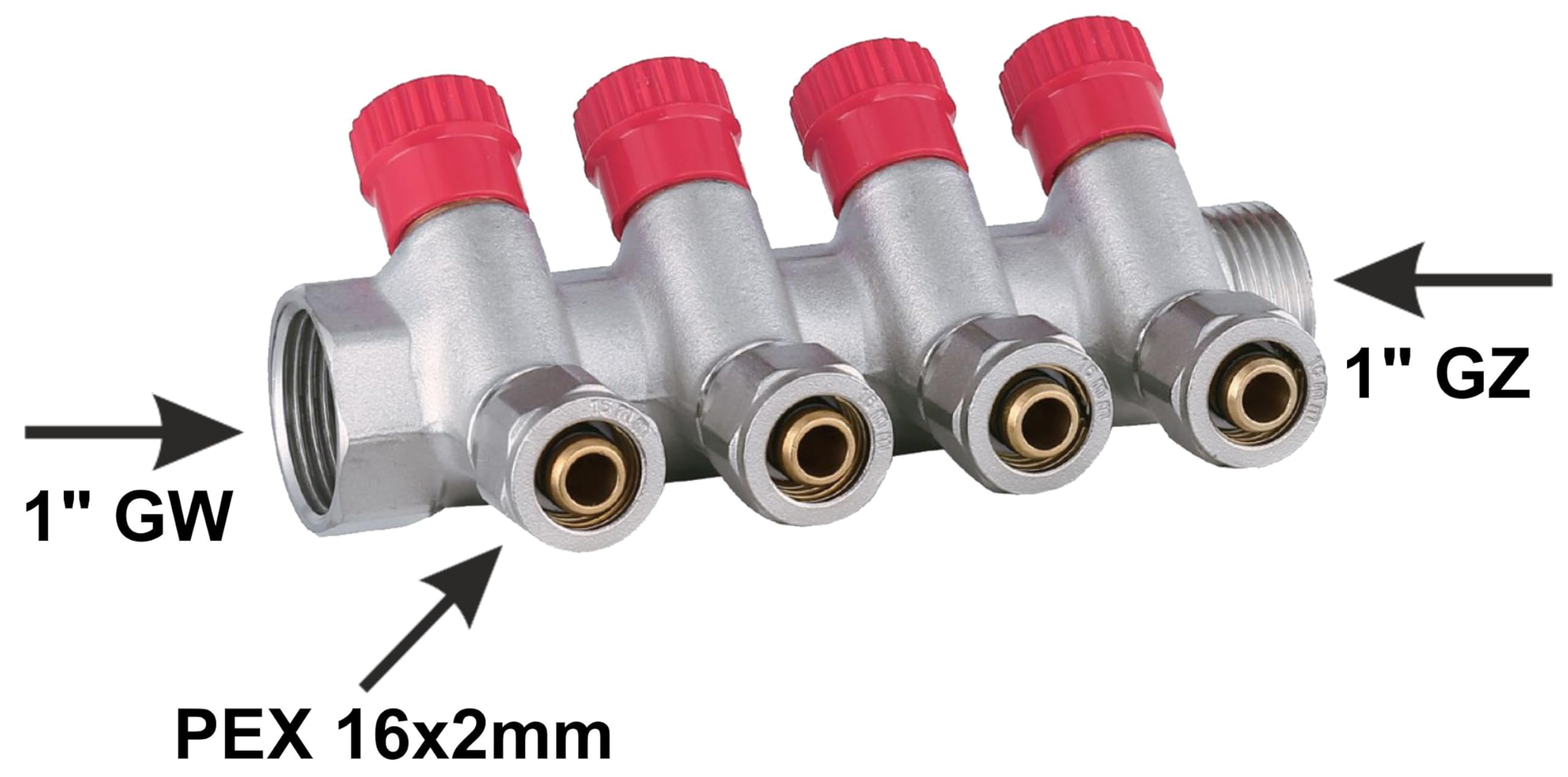 Set Collettore Acqua Riscaldamento PEX 1” x 16 mm Distributore D'Acqua In Ottone Nichelato Con Mini Valvole Integrate Fascio Distributore Blu 4 Circuiti Rosso 4 Circuiti H2541B4R4