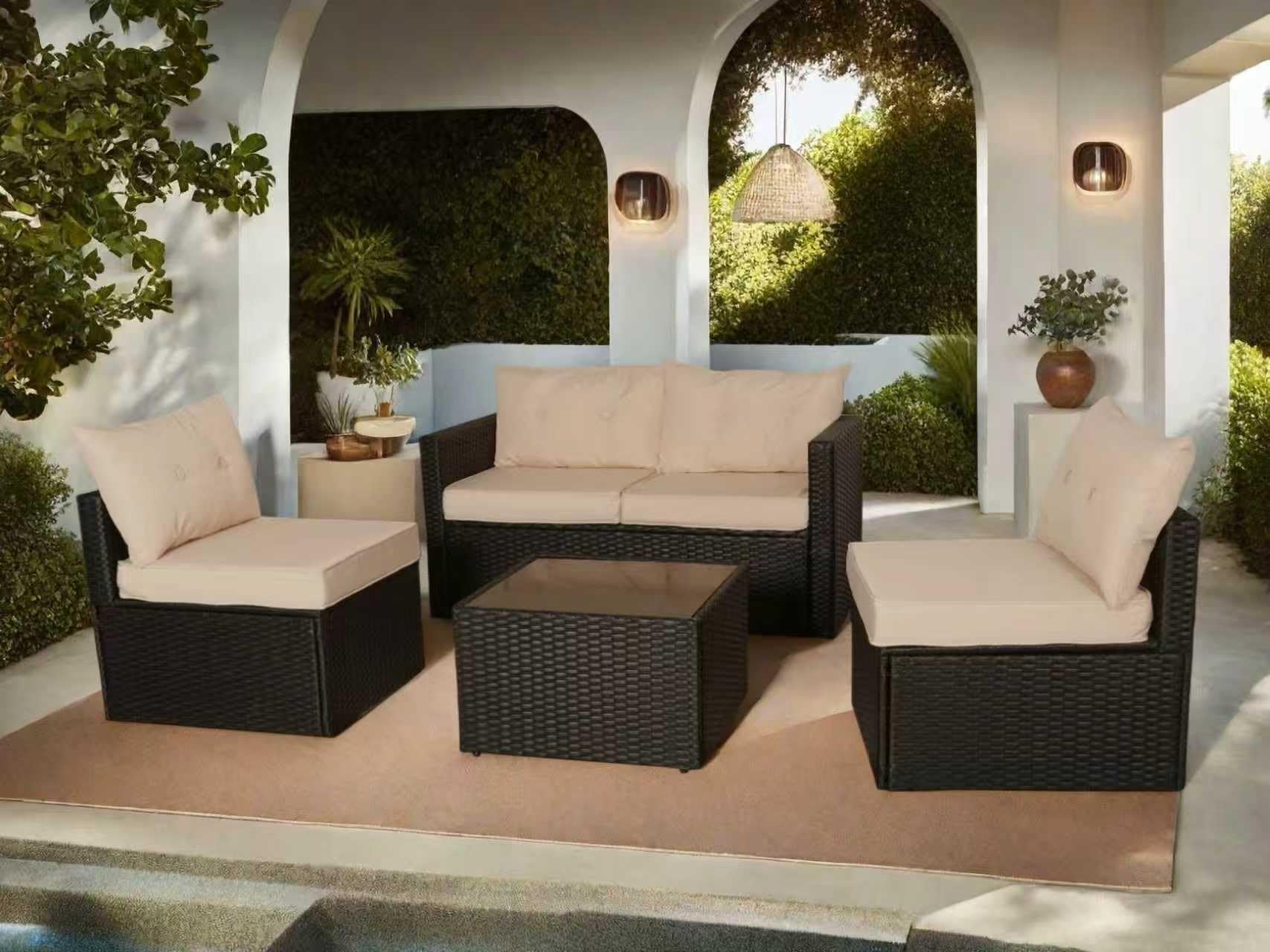 Générique Salon de Jardin Exterieur en Résine Tressée Poly Rotin Salon de Jardin 4 Personnes Fauteuil en rotin modulable, Entretien Facile