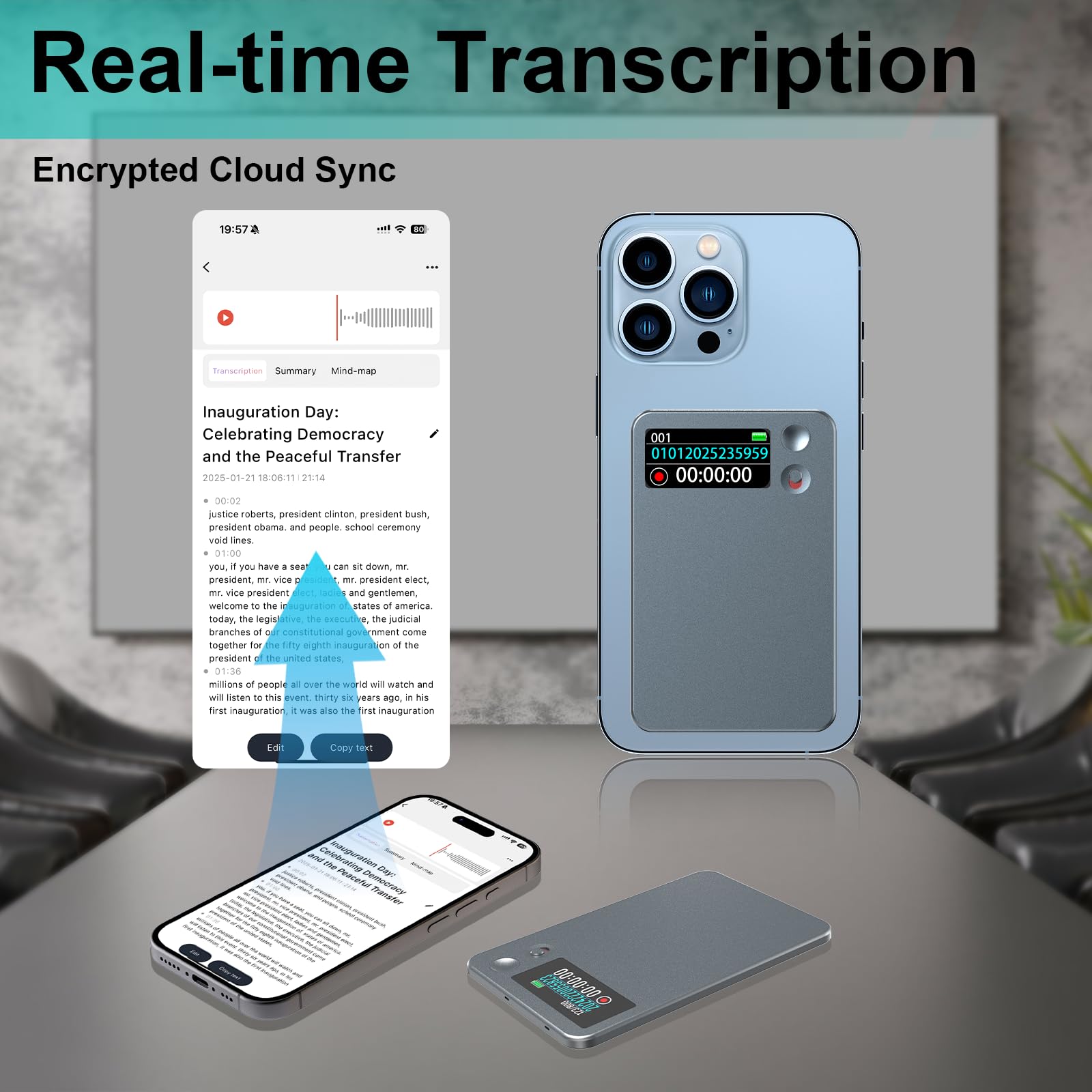 KI Digitales Diktiergerät - App-Steuerung, Transkription & Zusammenfassung mit AI-Technologie, 64GB Speicher, Audio-Recorder für Vorträge, Meetings, Anrufe,Grau