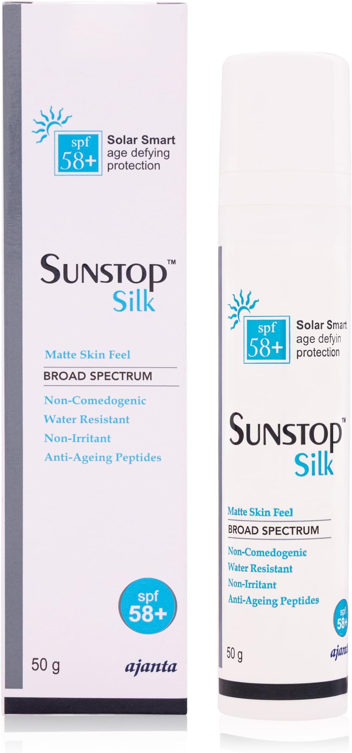 SUNSTOP Silk Cream SPF - Solar Smart Age-Defying Sunscreen with 25% Zinc Oxide, Vitamin E & Copper Tripeptide - Matte Finish, Hypoallergenic - 50gm
