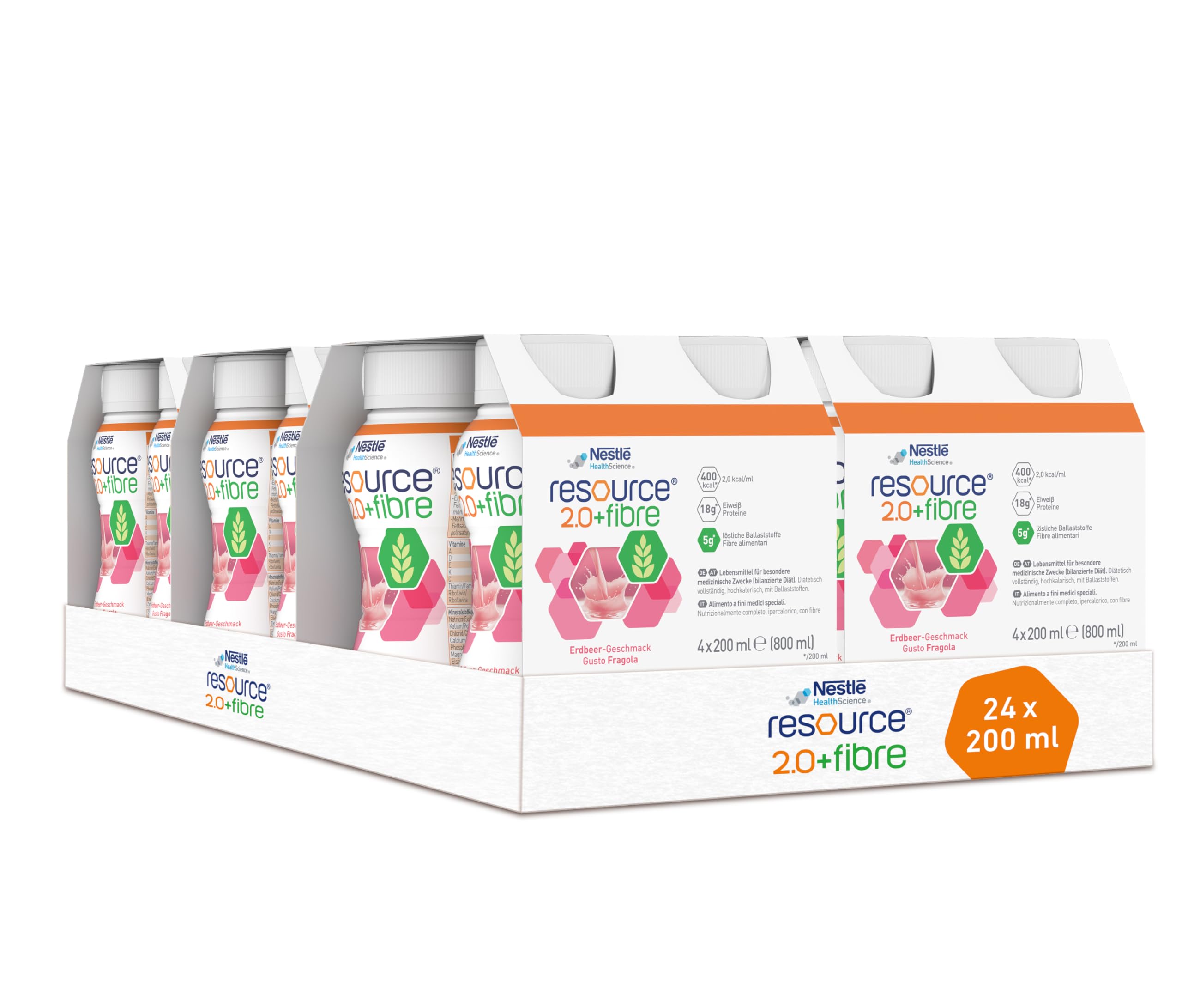 resource® 2.0+fibre Erdbeeere | 24x200ml | Hochkalorische Trinknahrung bei ungewolltem Gewichtsverlust | Astronautennahrung | Aufbaunahrung | 400 Kalorien + 18g Eiweiß/Flasche | mit Ballaststoffen