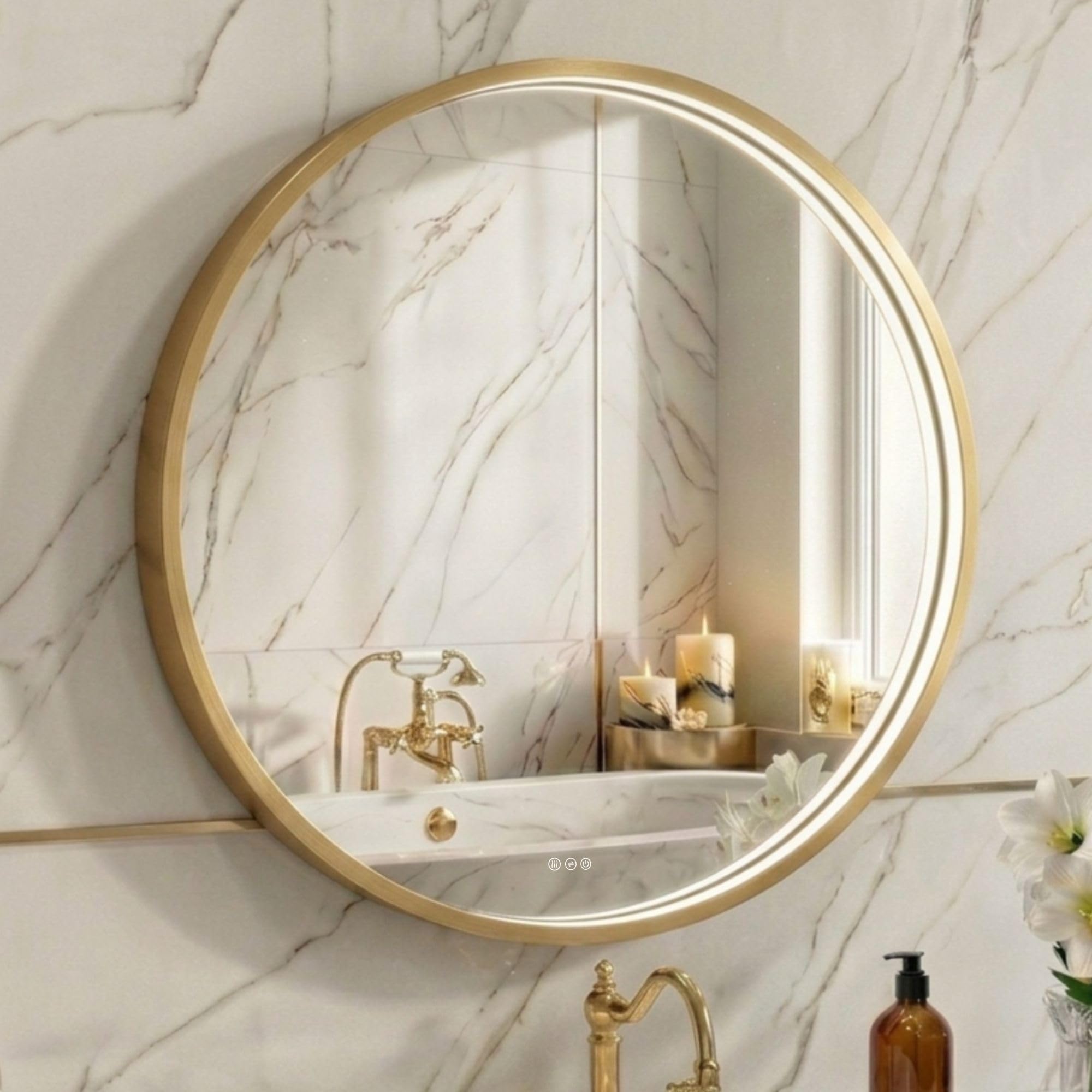 Miroir de salle de bain rond DEL 81 cm avec cadre en métal doré chic