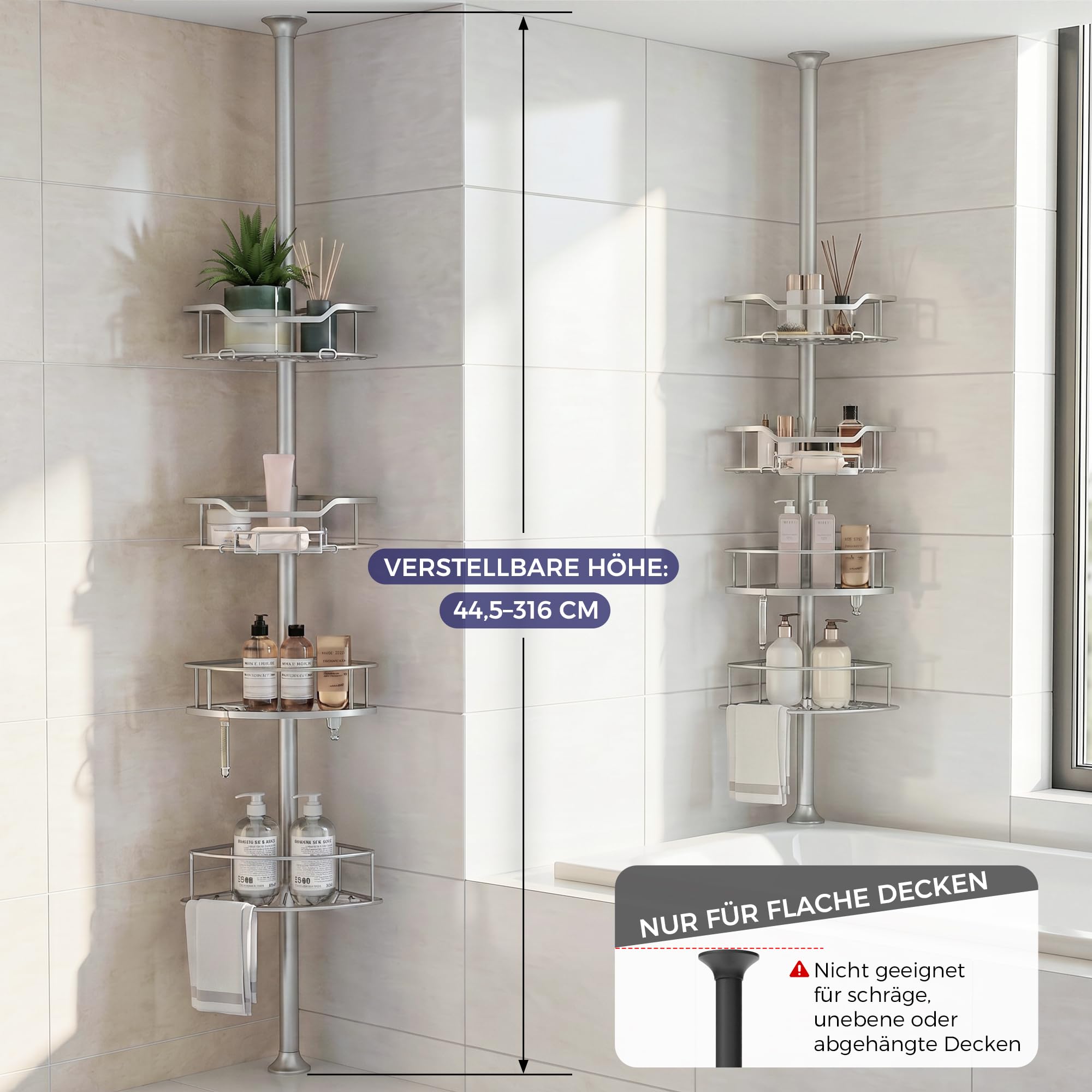 Purejoy Teleskop Duschregal ohne Bohren Silbergrau, höhenverstellbares Eckregal für Dusche & Badezimmer, rostfreie Duschablage mit 4 Körben (Silbergrau, 81–312 cm, Dreieckig)
