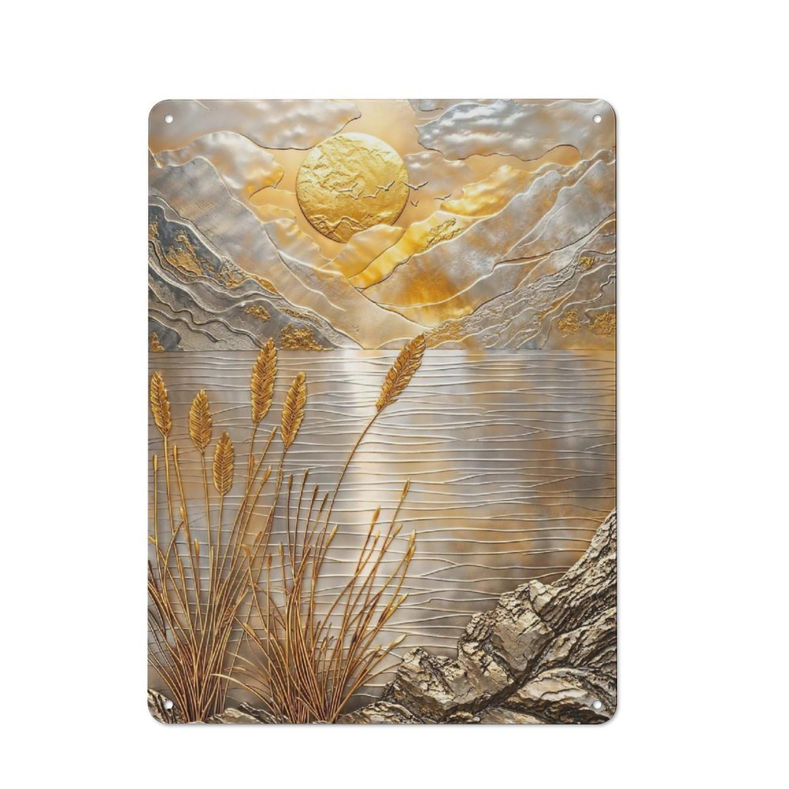 Golden Lake Sunset Art Metal Tin Sign, Small Wall Accent for Small Toilet, Washroom And Hallway, 40x30cm