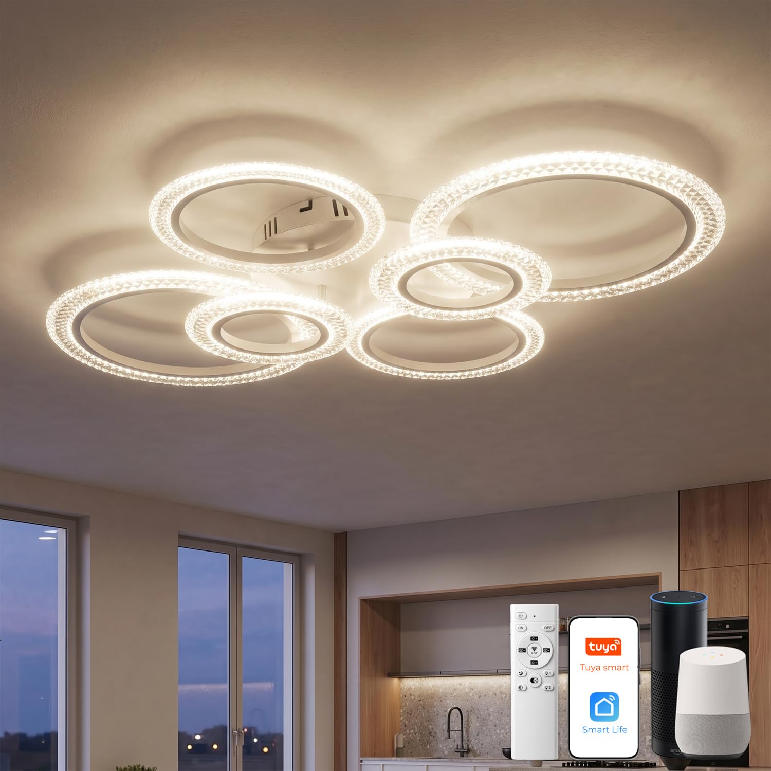 Smart LED Deckenleuchte Ringe (88x68cm), 40W 4000lm Wohnzimmerlampe mit Alexa/Google Home, Dimmbare Schlafzimmerlampe per App (Tuya), Memory-Funktion & Timer, Vormontiert, Weiß
