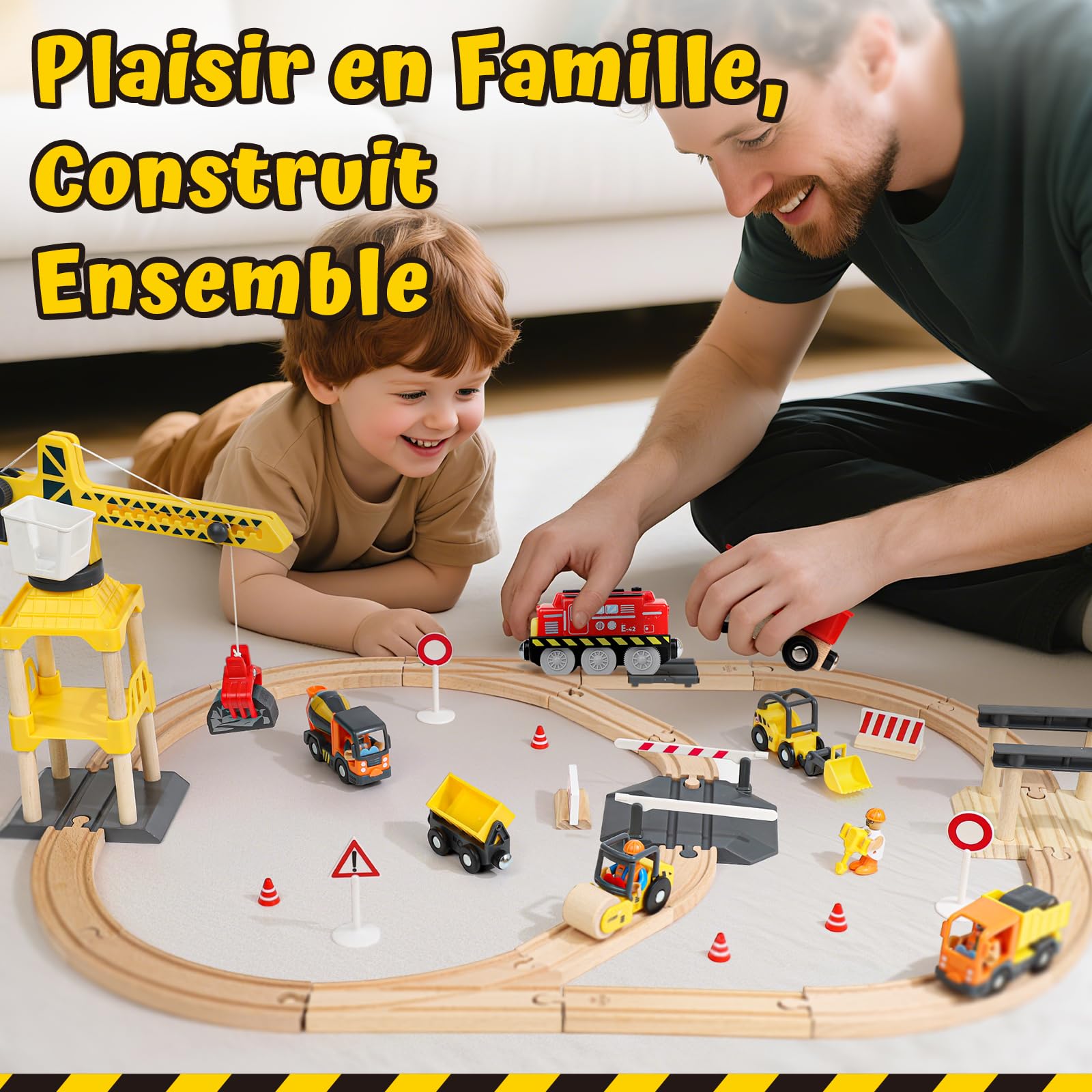 Lehoo Castle 68 Pcs Train en Bois, Train Electrique Enfant, Enfant Grue, Compatible avec Brio, Thomas, Jouet pour Enfants 3+ Ans