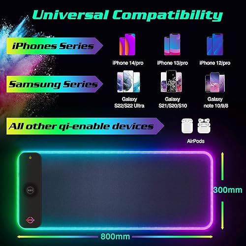Miniatura 7 de Alfombrilla de mouse LED RGB con cargador inalámbrico de 15 W, con 10 modos de luz, alfombrilla de mouse extra grande, base de goma antideslizante,