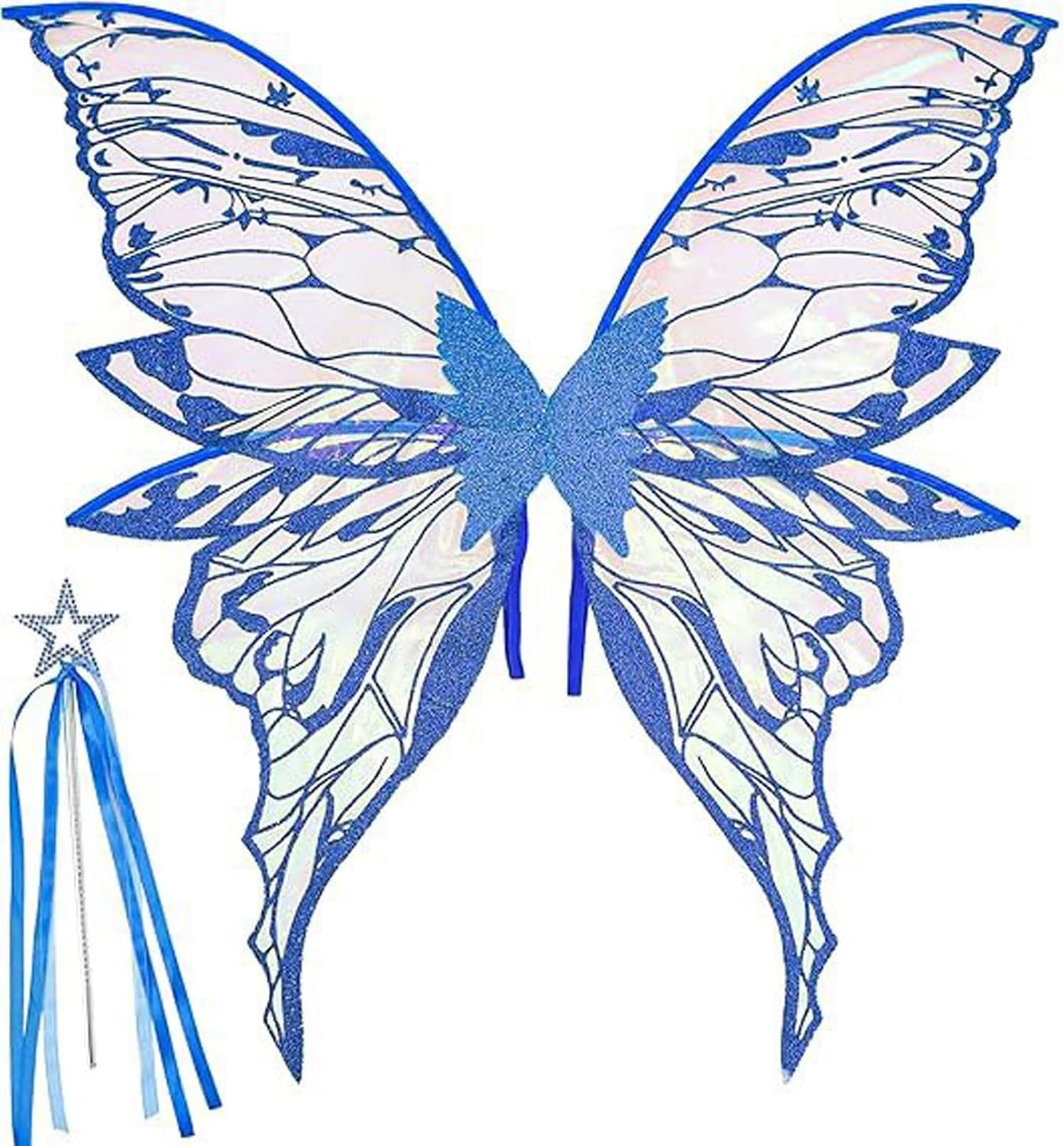 TiaoBug Women Girls Butterfly Fairy Wings with Star Wand and Stickers for Halloween Birthday Christmas Cosplay Blue 1 One Size