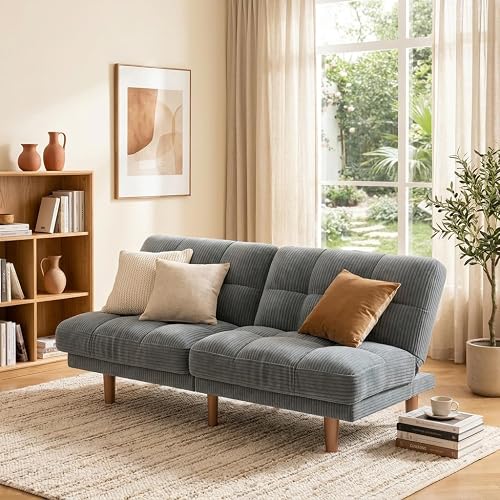 AMADA HOMEFURNISHING 65" Loveseat Sofa, Convertible Futon Couch with Adjustable Backrest, Ergonomic Sleeper Sofa Bed Recliner with Corduroy Fabric for Apartment, Living Room, Office, Grey