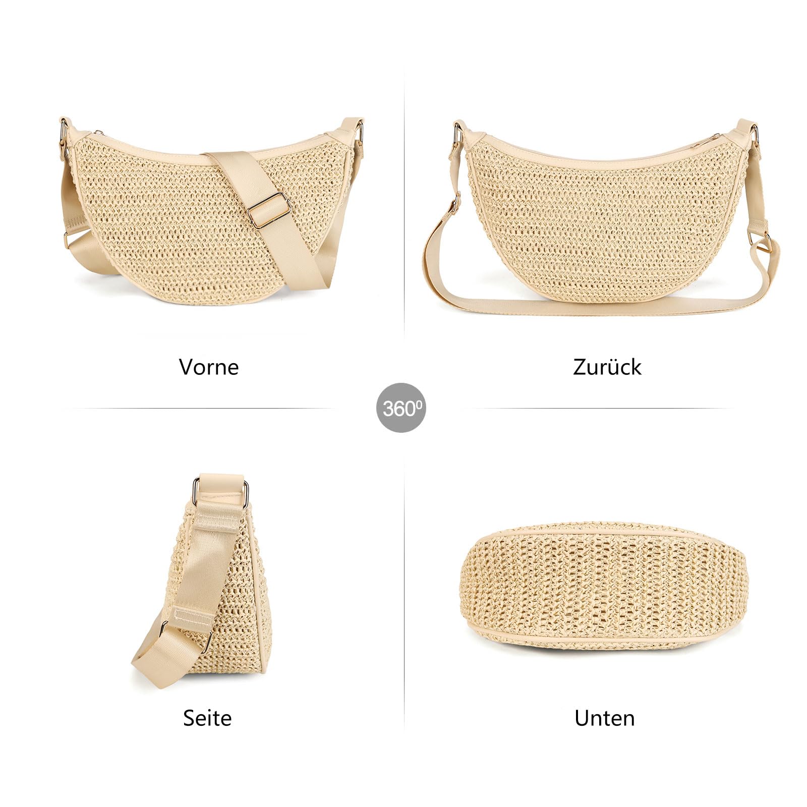 Gladdon Sac à bandoulière en paille pour femme en demi-lune - Sac à bandoulière tressé bohème - Sac à bandoulière léger - Sac de plage