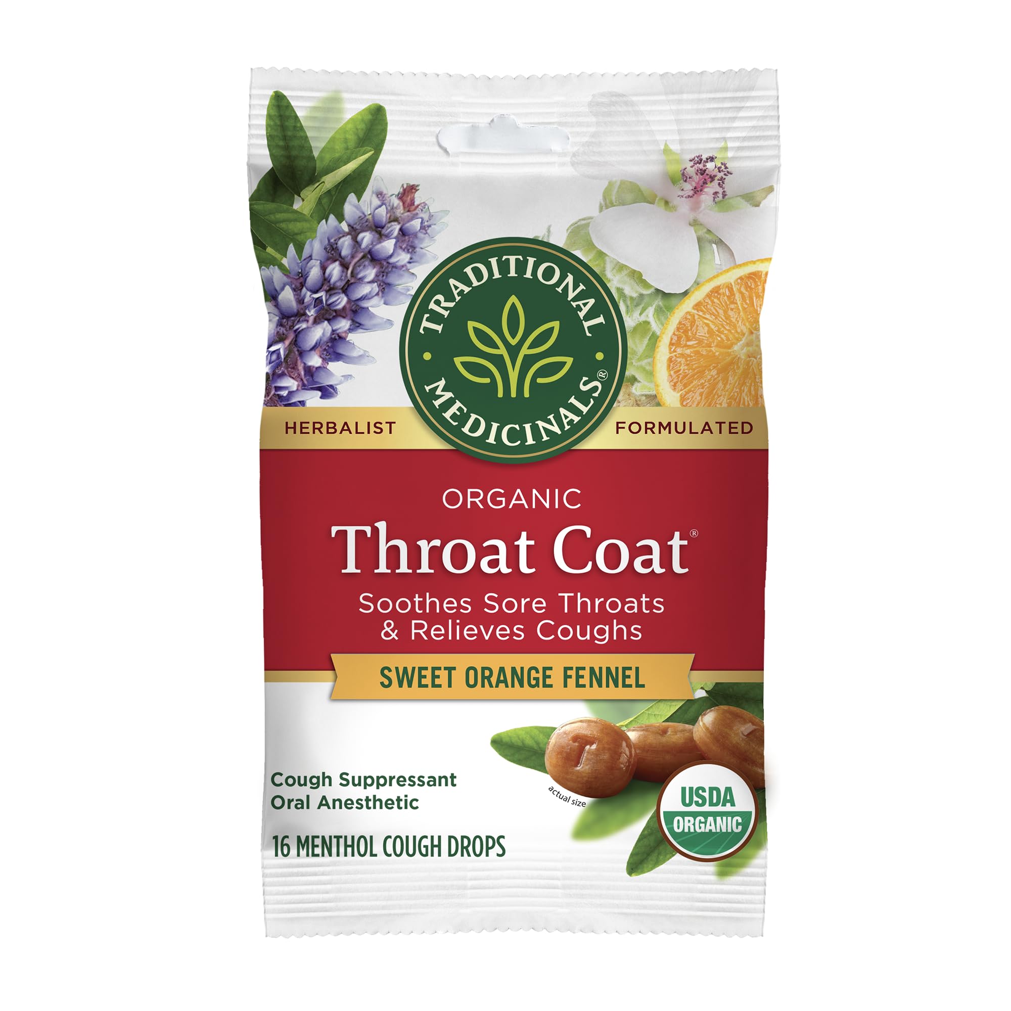 Organic, Throat Coat Lozenges, Sweet Orange Fennel with Menthol - Herbal Cough Drops, Helps Soothe Sore Throat & Relieve Cough - Kosher, Stimulant-Free - 16 Count
