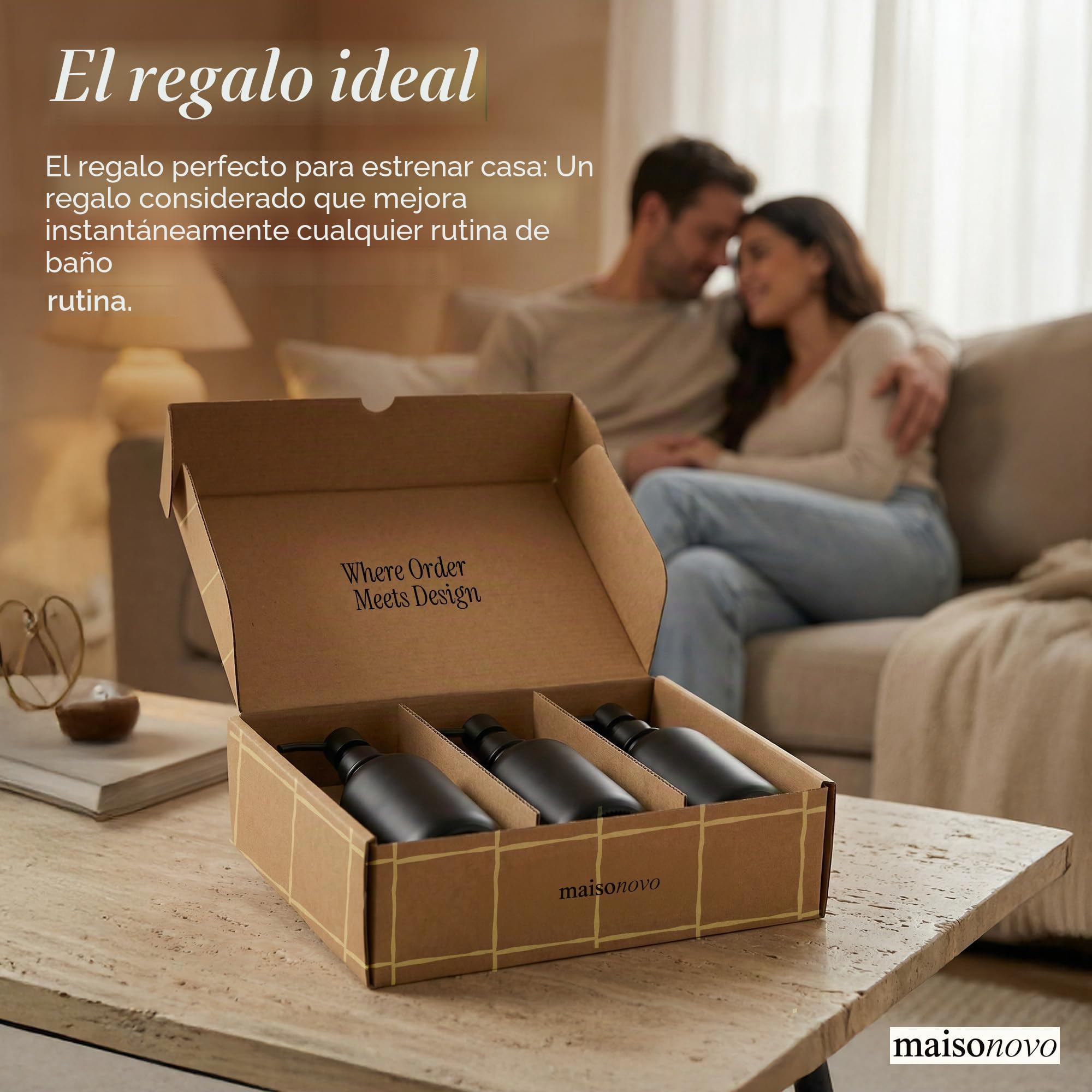 MaisoNovo Dispensador de champú y acondicionador - Dispensador de jabón para Ducha montado en la Pared, Juego de 3 Botellas de plástico Negras con Bombas de plástico Negras