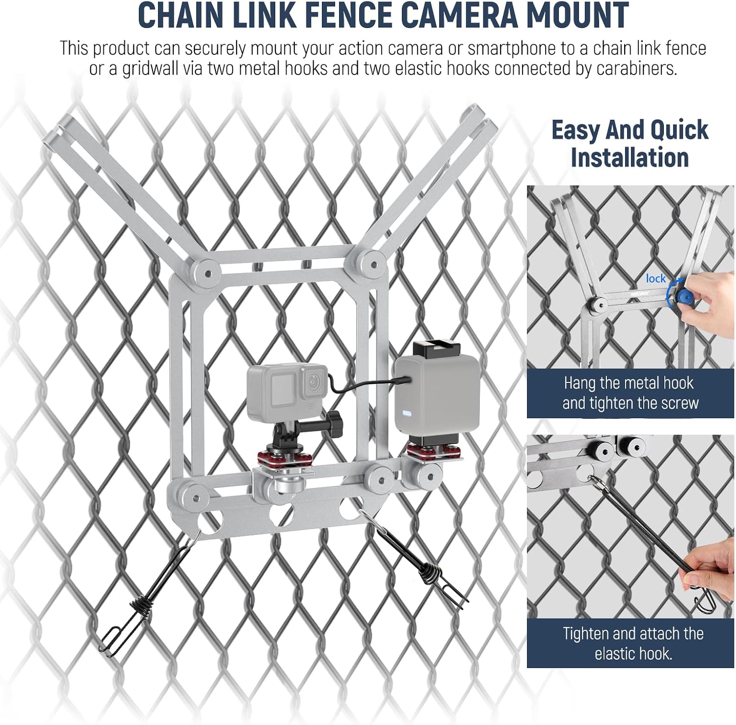 NEEWER Phone Fence Mount with Phone Holder for Game Changer Mounting, Shock Absorbing Baseball Tennis Court Chain Link Compatible with Mevo Start GoPro Insta360 DJI Action Camera iPhone, PA020 Silver image 2