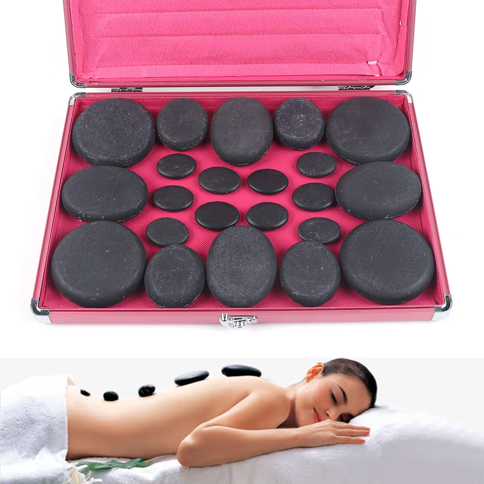 Juego de 20 piedras de masaje de piedra caliente, caja calefactora de basalto, piedras de masaje con caja de calefacción grande, terapia de calor, terapia de masaje