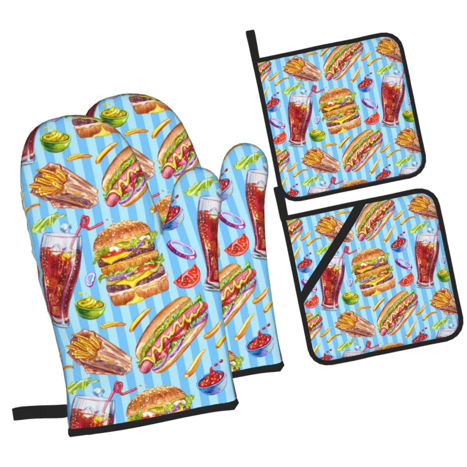 French Fries Hot Dog in Stripes Oven Mitts and Pot Holders Sets, Christmas Oven Mitt Kitchen Heat Resistant Non-Slip Pot Holders Set for Cooking Baking BBQ