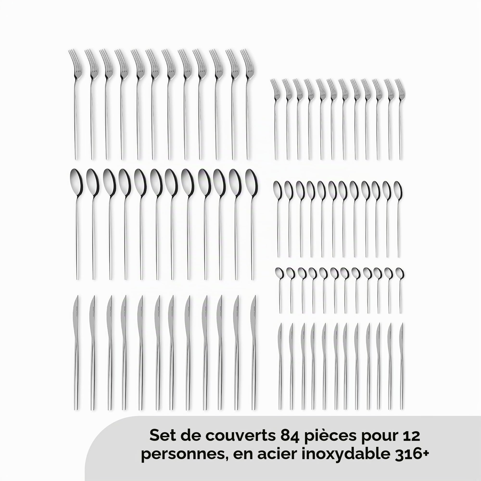 Karaca Mild Ensemble de couverts 84 pièces 316+ Premium pour 12 personnes, 18/10, Antirouille, Durable, Résistant à la corrosion, Passe au lave-vaisselle, Couverts de service