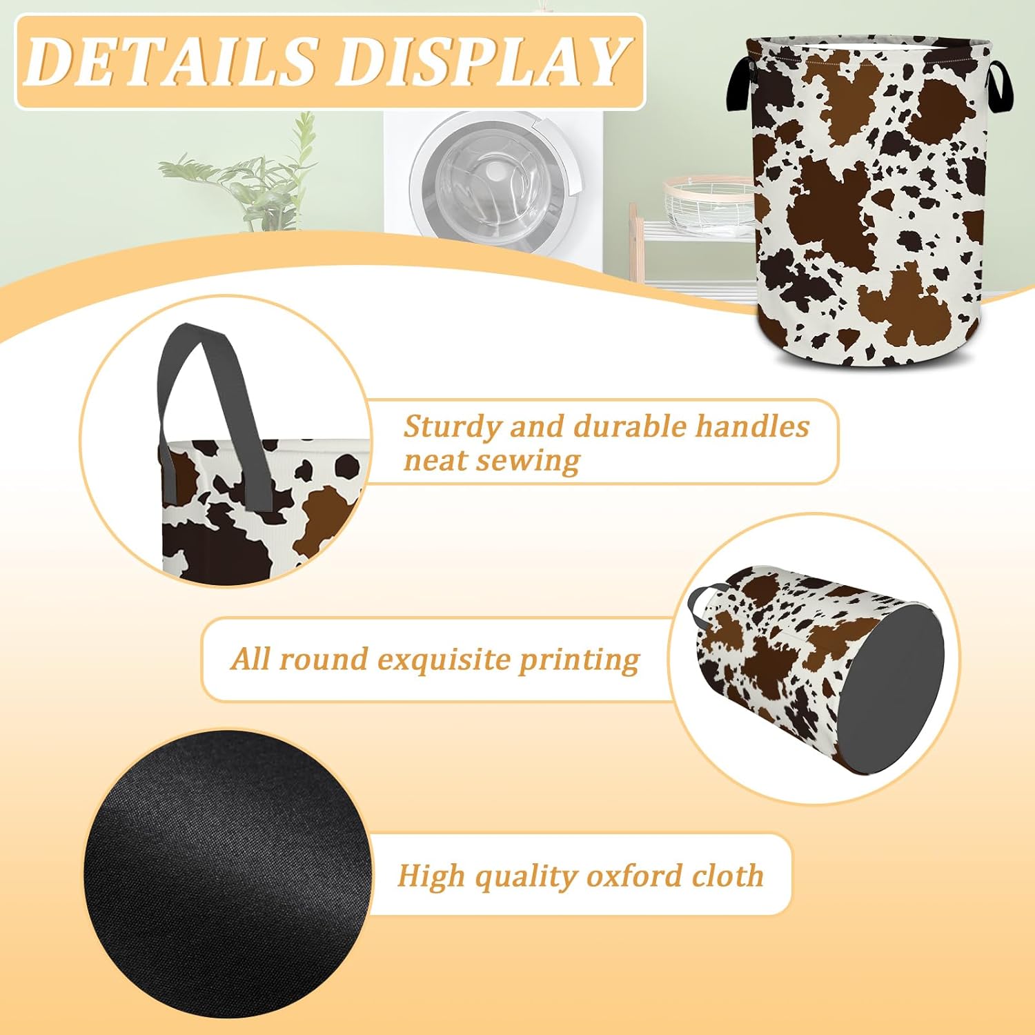 Cowhide Brown Skin Laundry Basket, Cow Skin Print Laundry Hamper, Oxford Waterproof Foldable Clothes Storage Bin, Toy Organizer Basket for Bathroom/Household/College Dorms 15.7"x19.6"