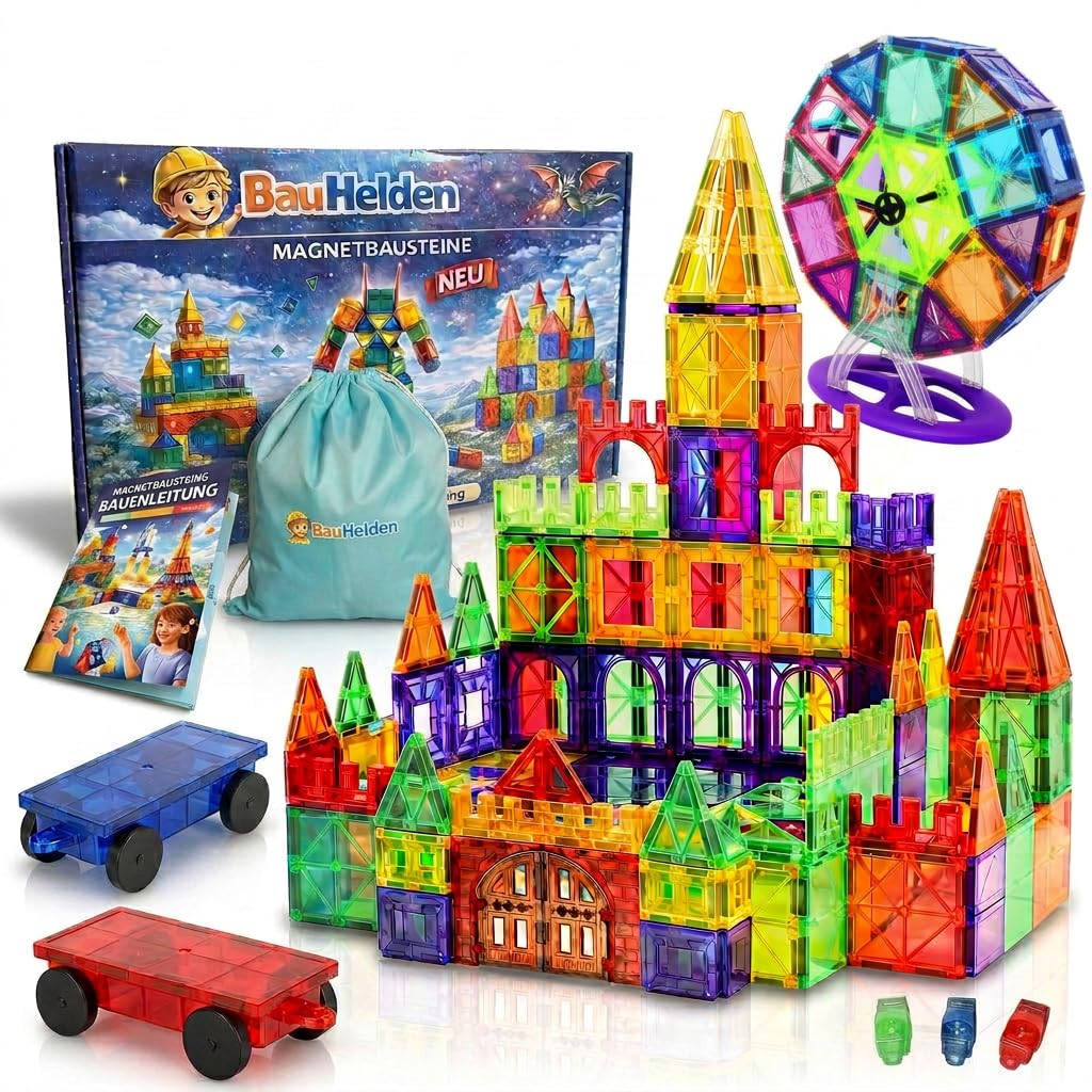 BauHelden Magnetbausteine Set, 180 Teile, Magnetische Bausteine, BPA Frei, Deutsche Bauanleitung, Kreatives Konstruktionsspielzeug