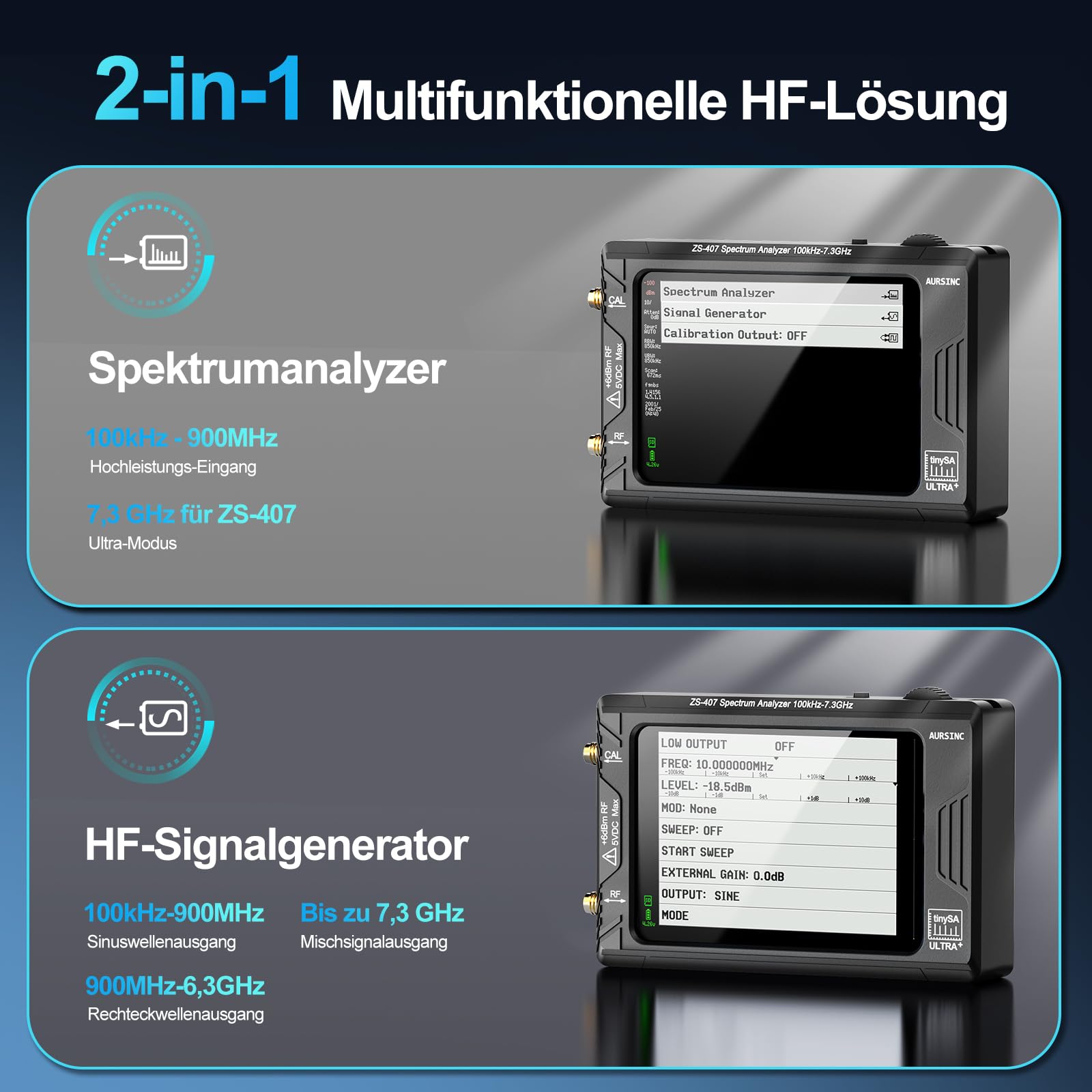 AURSINC Tinysa Ultra+ ZS407 Spektrumanalysator, 4,0 Zoll 100 kHz-7,3 GHz Tinysa Handheld-Frequenzanalysator, 2-in-1 RF-Signalgenerator 100 kHz bis 900 MHz MF/HF/VHF/UHF-Eingang, HW V0.5.4