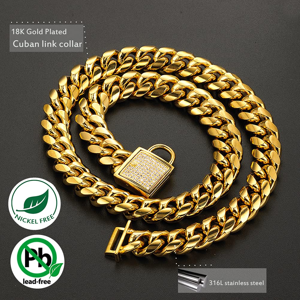 Designer-Hundehalsband Gold Metall Edelstahl mit Zirkonia Schloss 14 mm 18 Karat Gold Big Dog Luxus Training Halsband Cuban Lock Link Halskette Kette (50,8 cm)