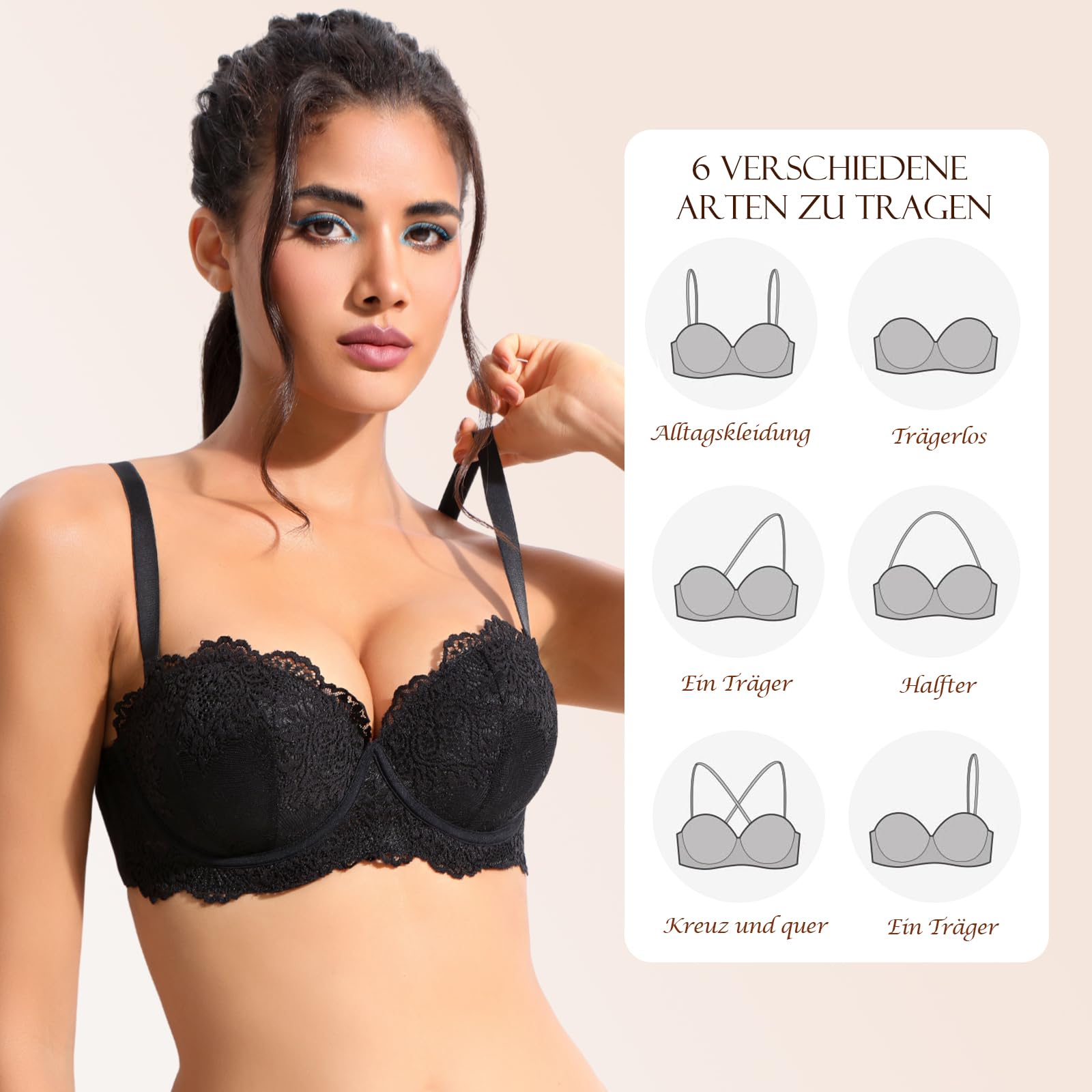 YANDW Trägerloser Stark Gepolsterter Push Up Spitzen BH mit Multiway Transparenten Trägern Trägerlos Damen Balconette BHS