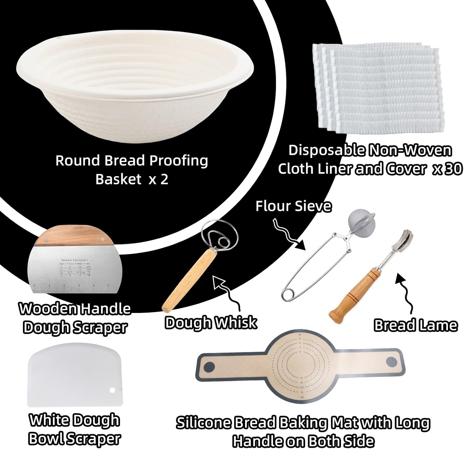 Pulp Banneton Bread Proofing Basket Set 2 10inch Round Bortform Sourdough Bread Baking Supplies Silicone Baking Mat - 30pcs Disposable Non-woven Liners - Flour Sieve - Bread Lame - Dough Whisk