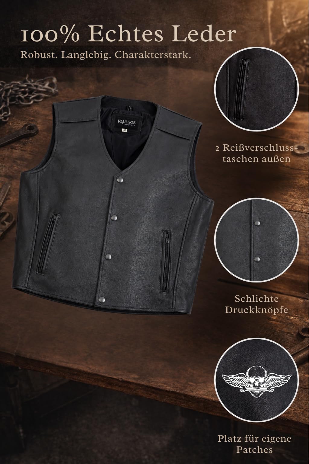 PAULGOS Lederweste Weste Kutte Leder Biker Rocker Motorrad Clubweste Bikerweste Motorradweste Schwarz BW3