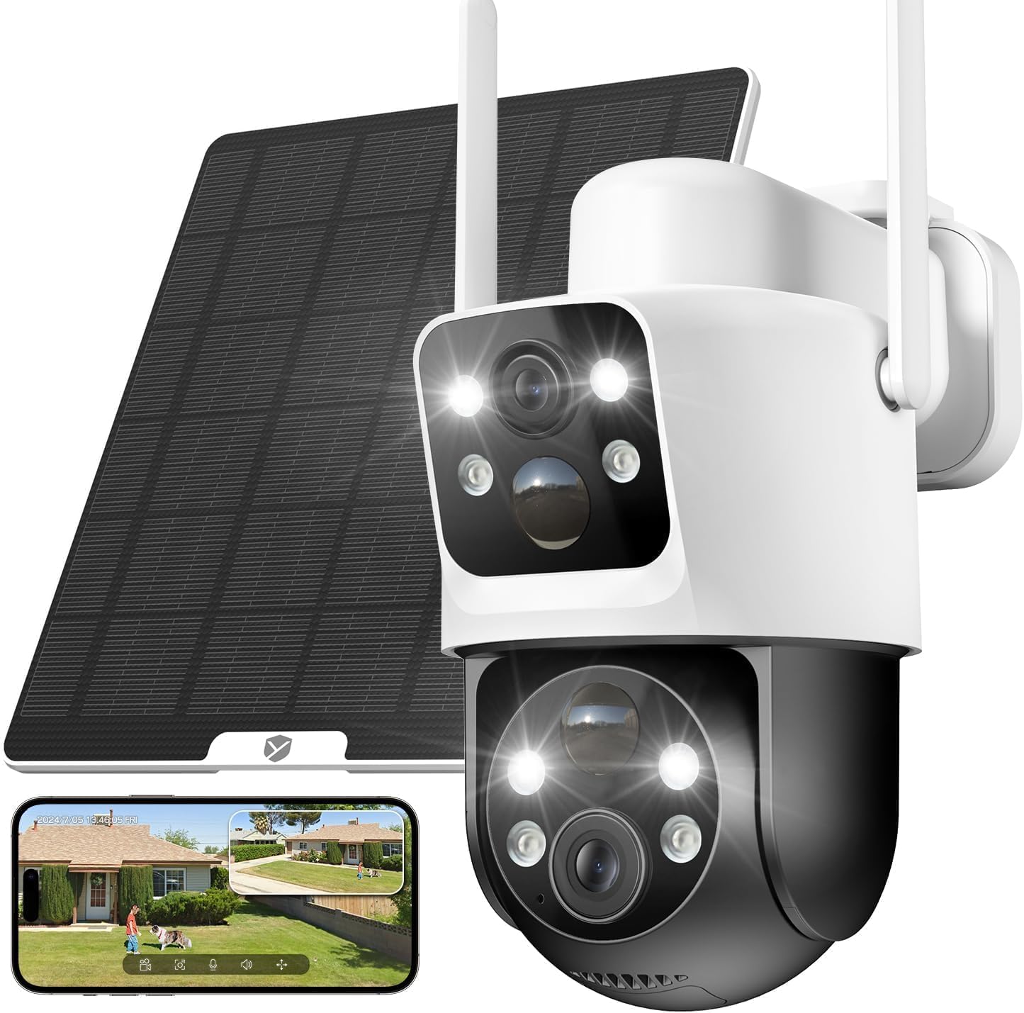 YESKANO Telecamera Sorveglianza WiFi Esterno 2K Doppia Lente | Panel Solar de 6 W, Vista Fija y Seguimiento de Movimiento, Audio Bidireccional, Visión Nocturna en Color, IP66, 2,4 GHz