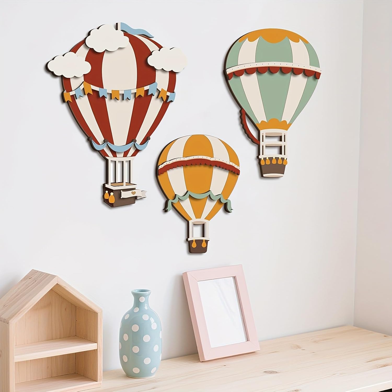 3 Pcs Hot Air Balloon Wall Decor with Cloud, Nursery Wall Decor, Boho Wooden Dreamy Themed Wall Sculptures for Living Room Bedroom Hallway Home (Multicolor)
