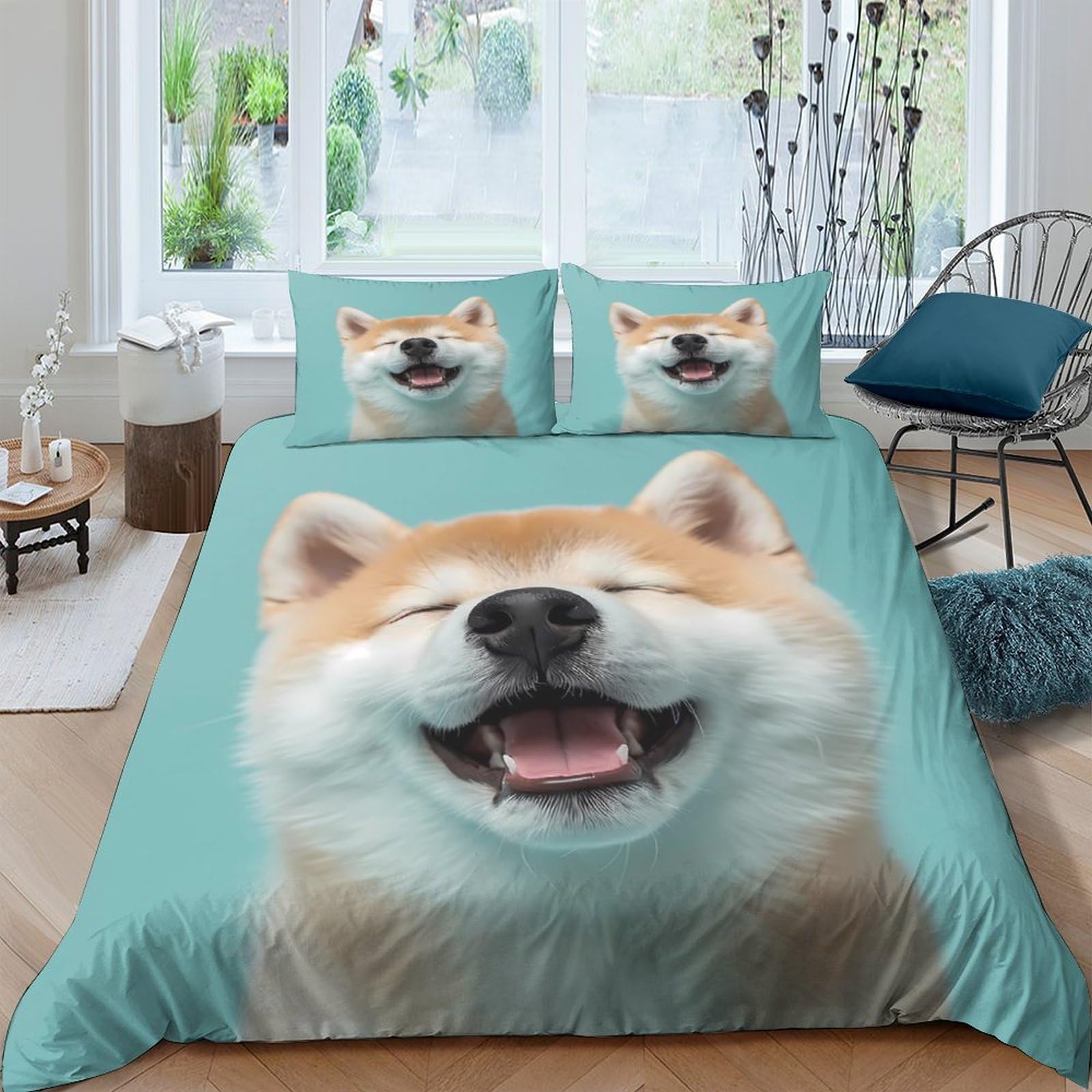 Ctjqhvkz Style-6 3D Printed Smiling Shiba Inu Fitted Sheet Microfiber Blue Dog Face Bed Cover Anti-Slip Machine Washable For Bedroom Home Single（135X200cm）