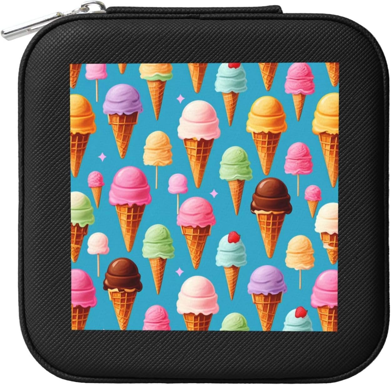 ZhongGuo ice cream and Waffle Pattern Printed Small Jewelry Box Square Case,Travel Portable Jewellery Storage Boxes Organizer for Women Mens