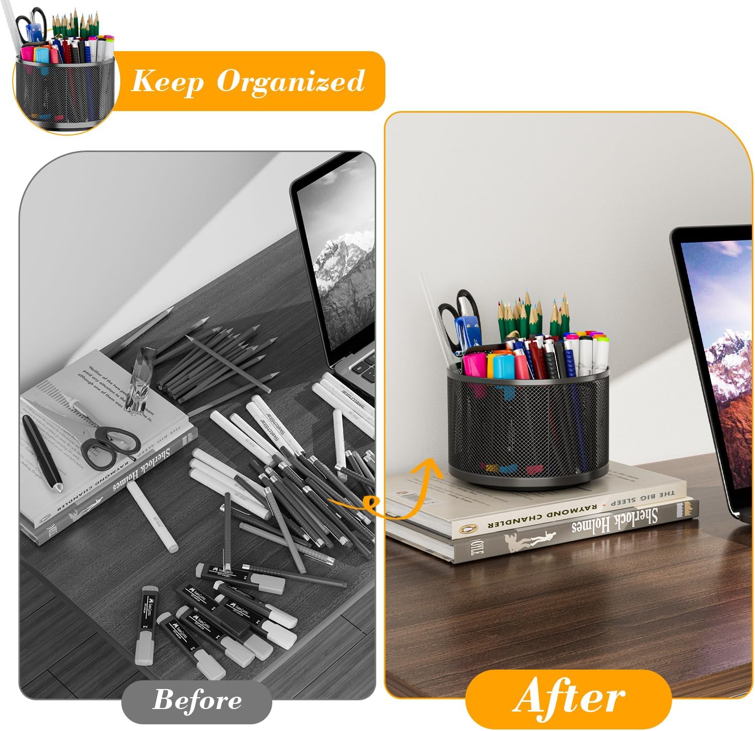 LUCYCAZ 360 Rotating Metal Pencil Pen Holder for Desk, Rotating Pencil Cup with 5 Slots, Dual-Purpose Desk Pen Organizer for Office, School, Home (Round) image 3 of 7 B0F1N4V1YR