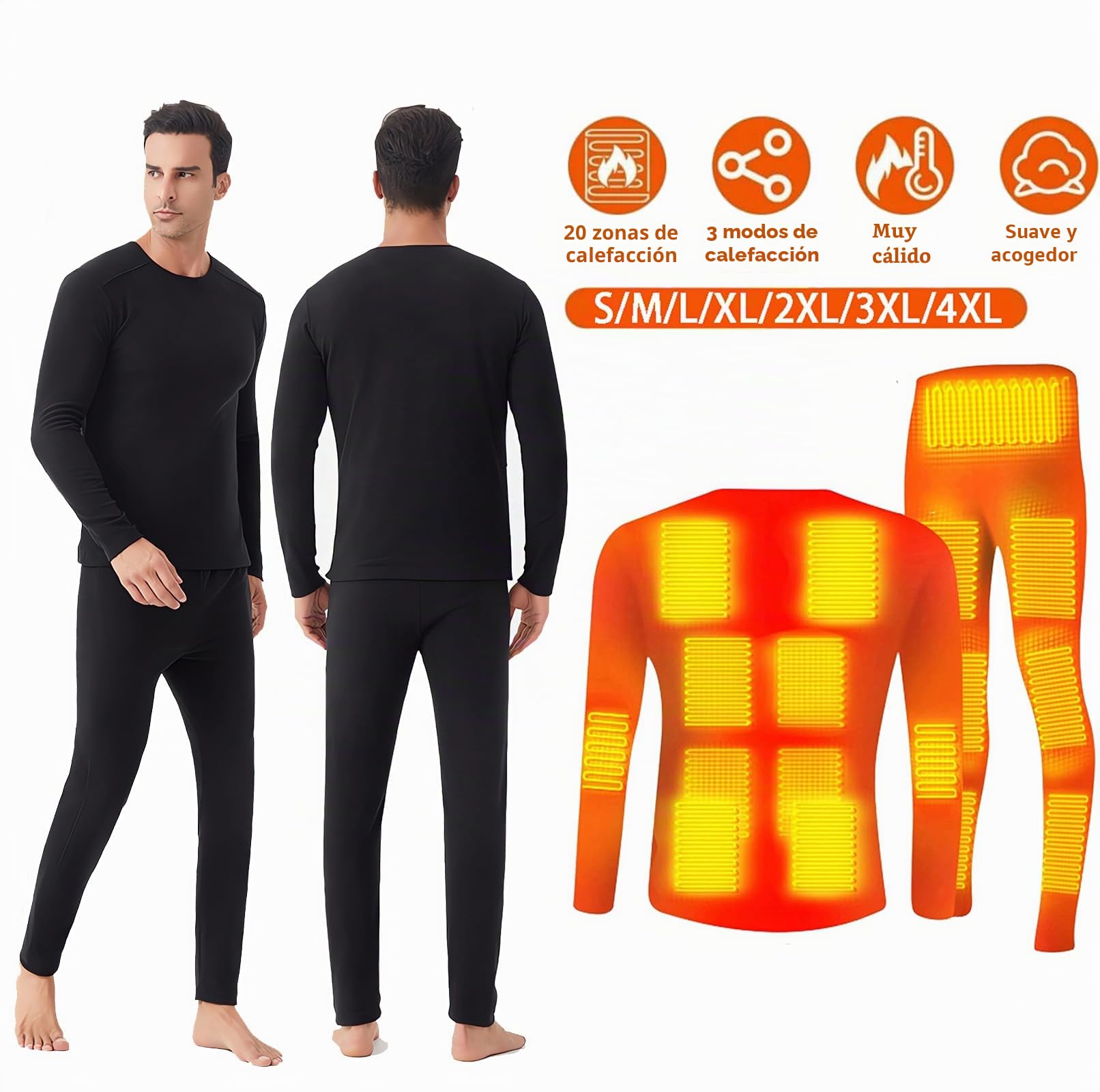 Conjunto Ropa Interior Térmica Calefactable, Ropa Interior Calefactable Hombre con 20 Zonas Calefactables, 5 Temperatura, Camisetas Termicas & Pantalon Termico para Moto Caza Esquí