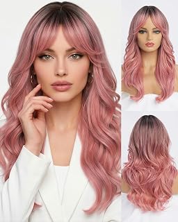 Long wavy ombre pink wig with curtain bangs and dark roots