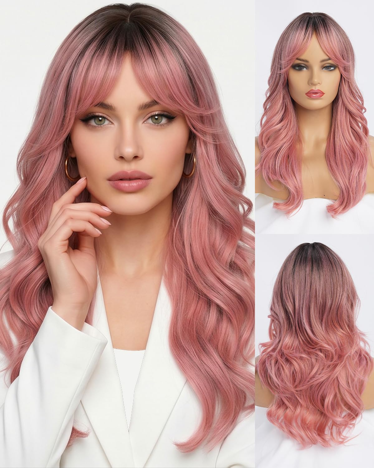 Ombre Blonde Wavy Wig with Curtain Bangs Long Layered Synthetic Dark Blond Hair Wig for Women, Natural Looking Dark Root Heat Resistant Wig, Soft Thick Full Wig for Daily Wear Party Cosplay
