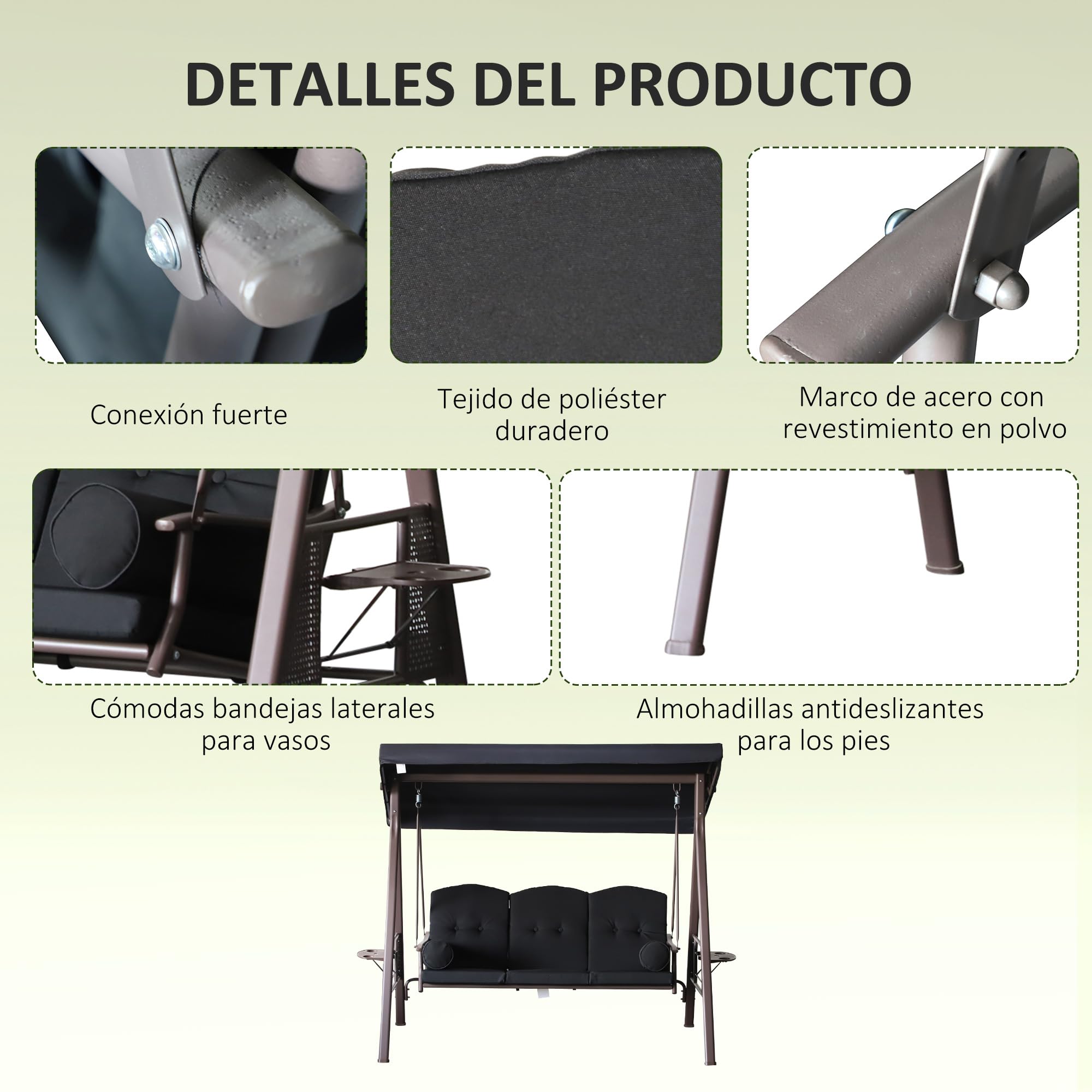 Outsunny Columpio de Jardín Exterior de 3 Plazas Balancín de Jardín Exterior con Toldo Ajustable Bandejas Laterales 2 Almohadas y Marco de Metal Carga 360 kg 208x121x172 cm Negro