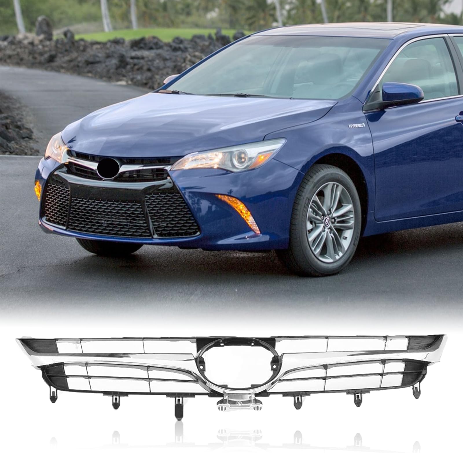 Front Bumper Upper Grille for 2015 2016 2017 Toyota Camry LE SE XLE XSE, Black and Chrome Front Upper Grill Replace for 5310106411 TO1200377