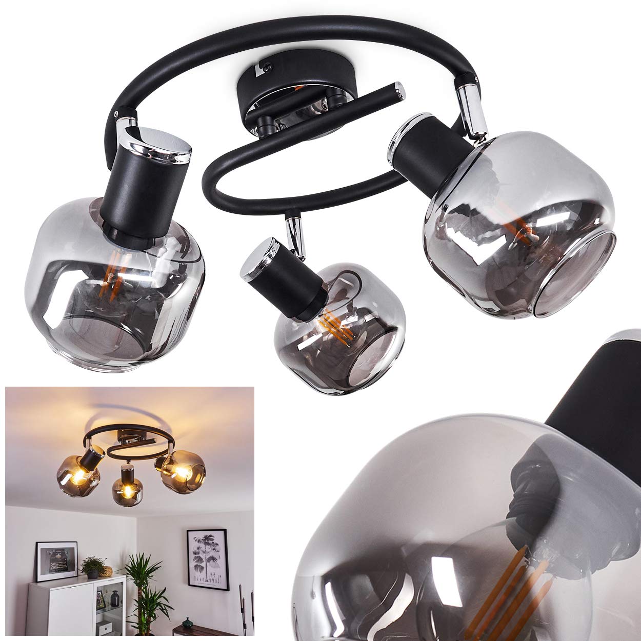 Ceiling lamp Lexington, Round Ceiling lamp Made of Metal/Glass in Black/Chrome/Smoked Glass, 3-Flame with Adjustable spotlights, 3 x E14-socket, Ceiling spot in Retro-Design, Without Bulbs