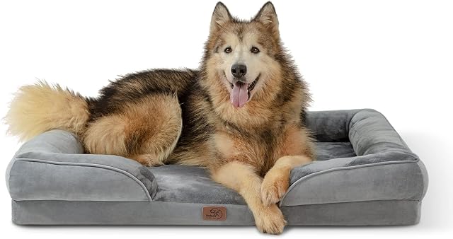 Bedsure Dog Sofa Bed Extra Large - Washable Orthopedic Dog Beds and Couch with Removable Flannel Zipper Cover,Grey,106x80x18cm