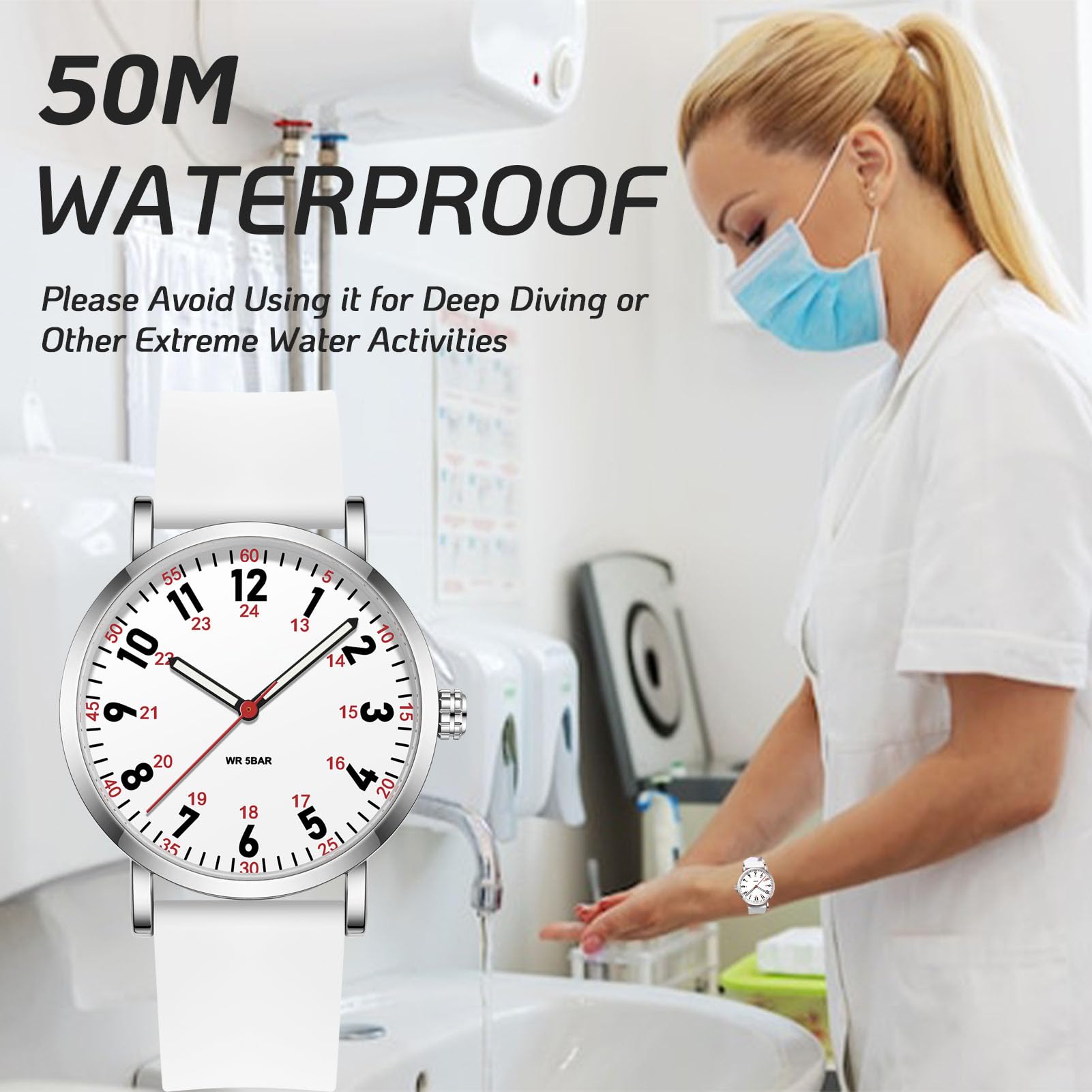 findtime Krankenschwesteruhr, Unisex, wasserdicht, 5 ATM, für Mediziner, Studenten, Frauen und Männer, Leuchtzeiger, leicht zu lesen, 24 Stunden mit Sekundenzeiger