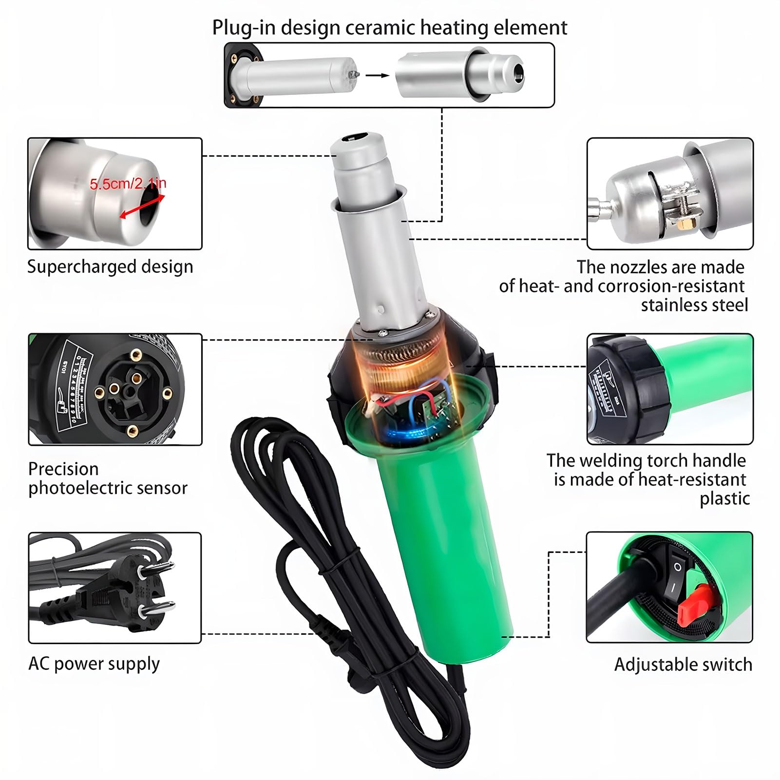 Pistola soldadora de plástico de aire caliente de 1600 W, kit de soldadura