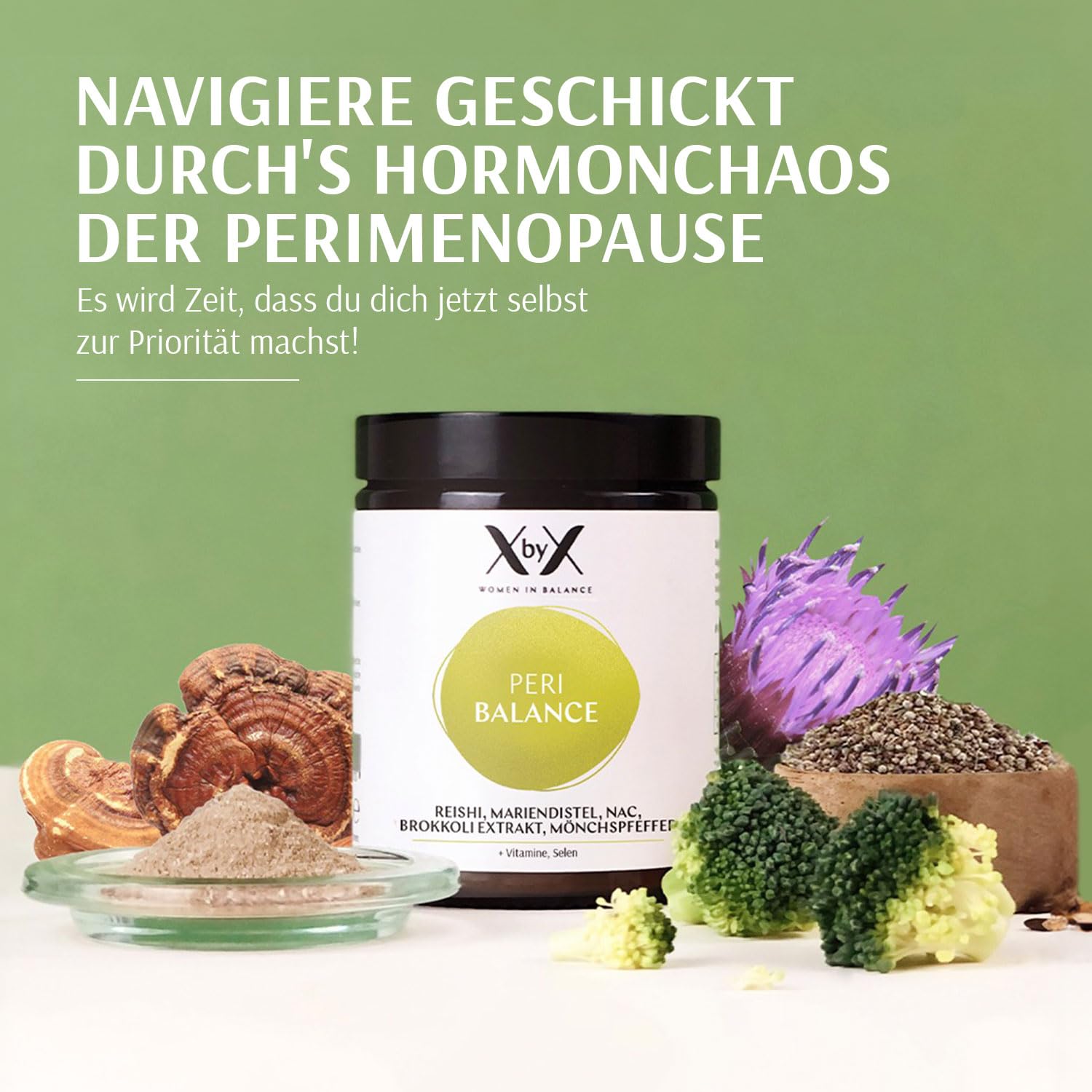 XbyX® Peri Hormonbalance 180g | 90 Port. | Hormonelle Unterstützung ab der Perimenopause | Wirkstoff-Komplex aus Reishi, Mariendistel & Mönchspfeffer | Vegan | Hormonfrei | Ohne Soja | Aus Deutschland