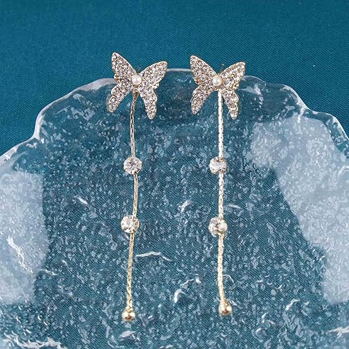 Vintage Crystal Butterfly Drop Earrings Long Rhinestone Chain Tassel Earrings Gold Butterfly Cz Chain Earrings Pearl Butterfly Stud Earrings Jewelry for Women