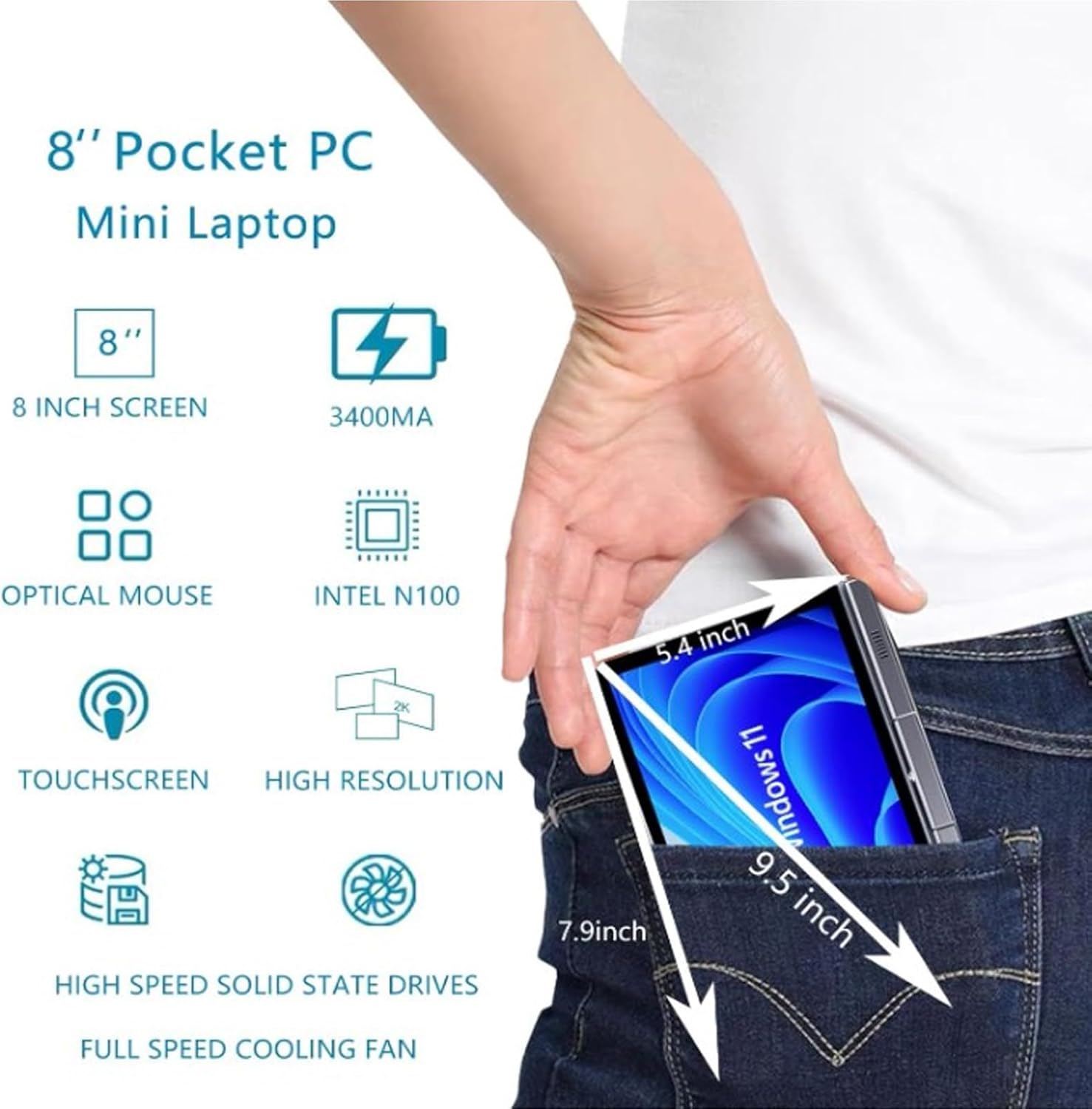 Diagram illustrating the compact size of the 8-inch Pocket PC, showing it fitting into a pocket.