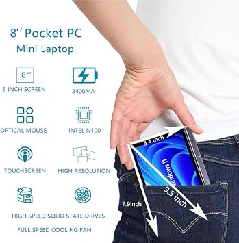 8 Inch Laptop, 2 in 1 Pocket PC Computer with N100 CPU, 12GB LPDDR5, 512GB SSD, WiFi6, BT5.2, 360 Degree Rotation, Touchscreen Laptop for Wins 11 Pro (US Plug)