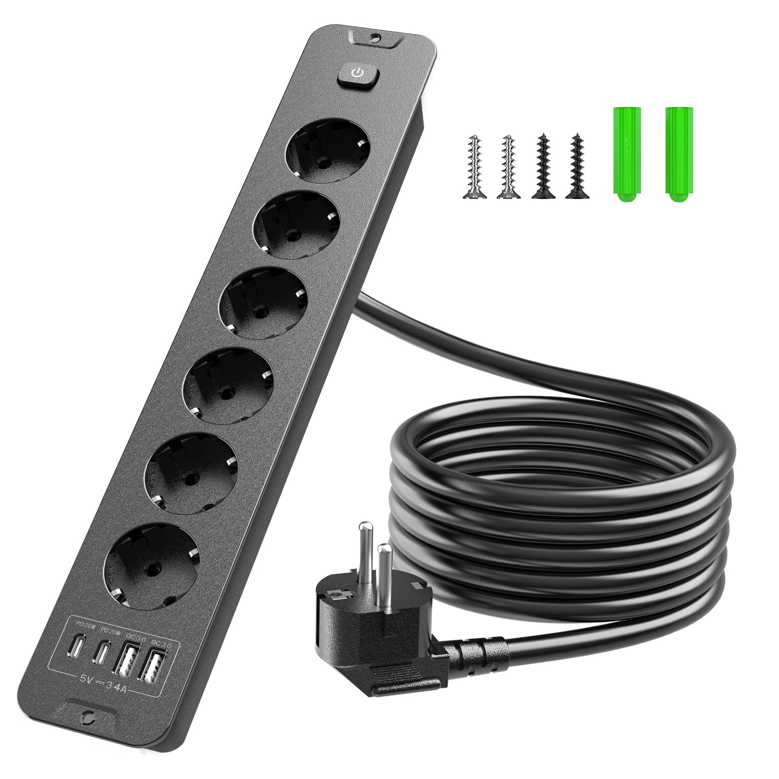 Inhwatek Einbausteckdose mit USB (PD 20W), 6-Fach Steckdosenleiste, 10-in-1 Versenkbare Tischsteckdose, Mehrfachsteckdose mit 2M Kabel Für Küche Büro Arbeitsplatte, 16A/4000W