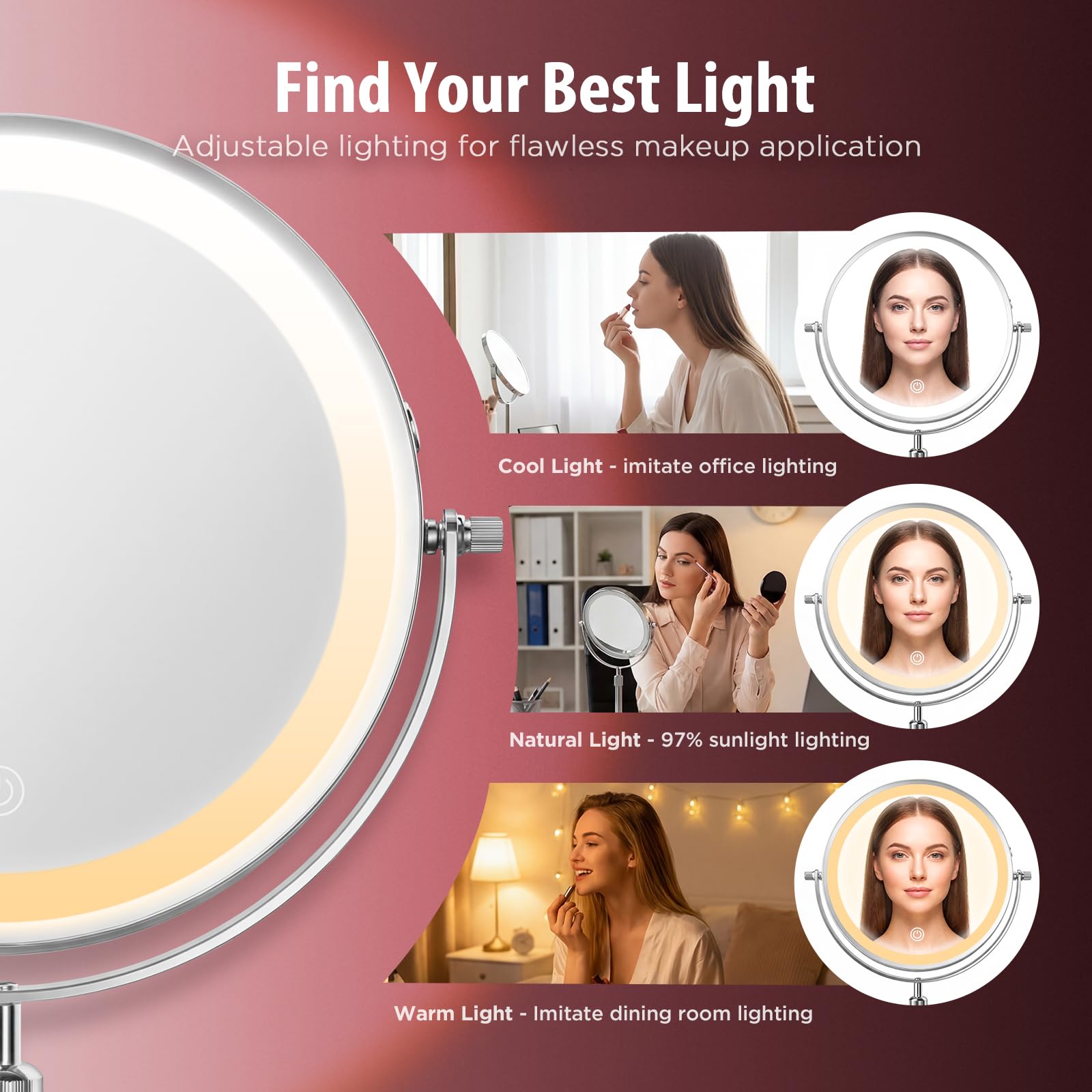 9-Inch Double-Sided LED Makeup Mirror, 1X/30X Magnification