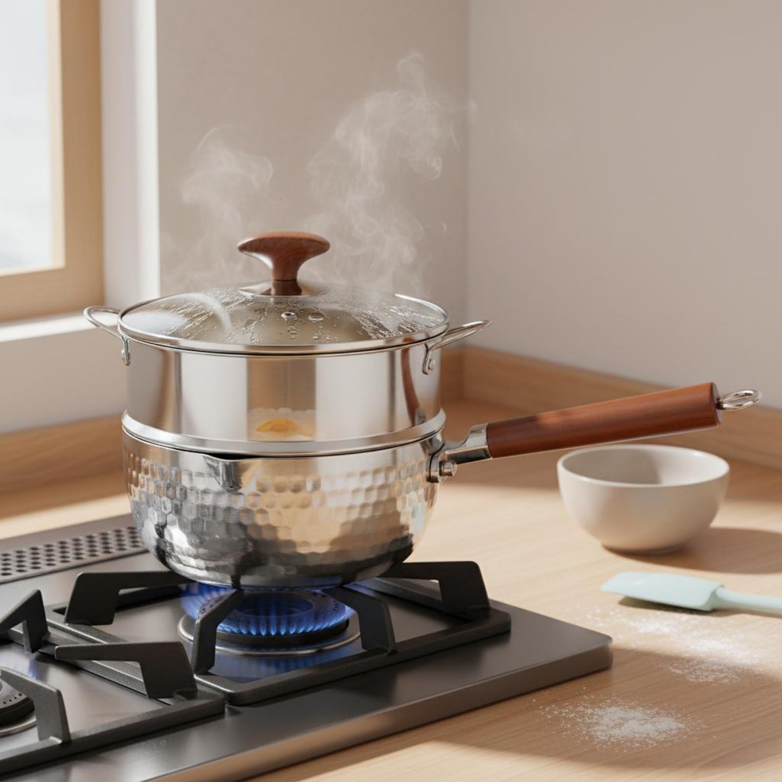 Cazo de Acero Inoxidable Olla Cazo Pequeño Cuerpo de con Base Compósita para Uniforme y Mango Largo Cómodo Adecuado para Comidas Diarias Cocina Casera, 20 Cm