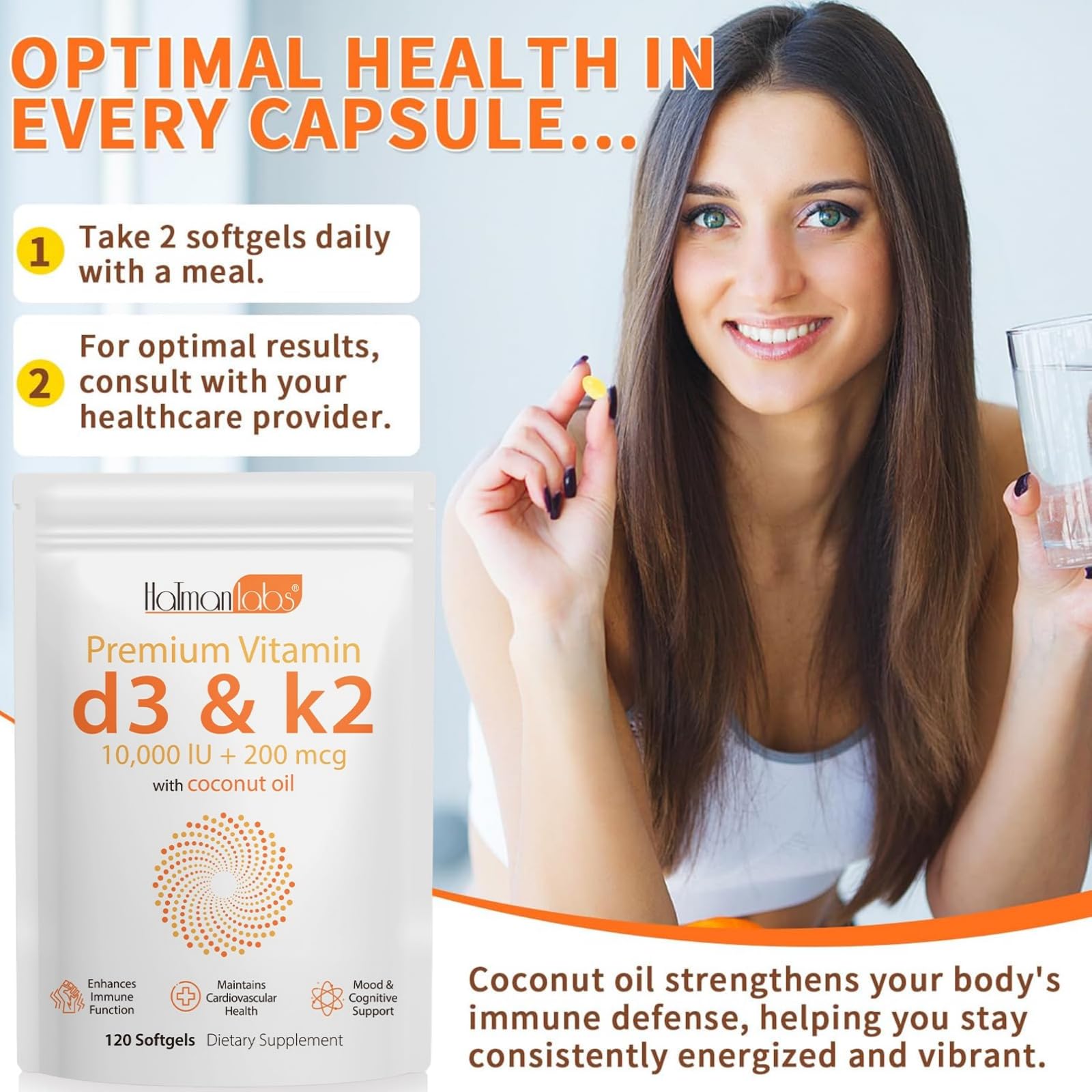 Vitamin D3 K2 Supplement Softgel, Vitamin D3 K2 Softgel with 10000 IU Supports Immune, Heart, Teeth & Bone Health, Gluten, Soy, 120 Softgels — Amazon image 5