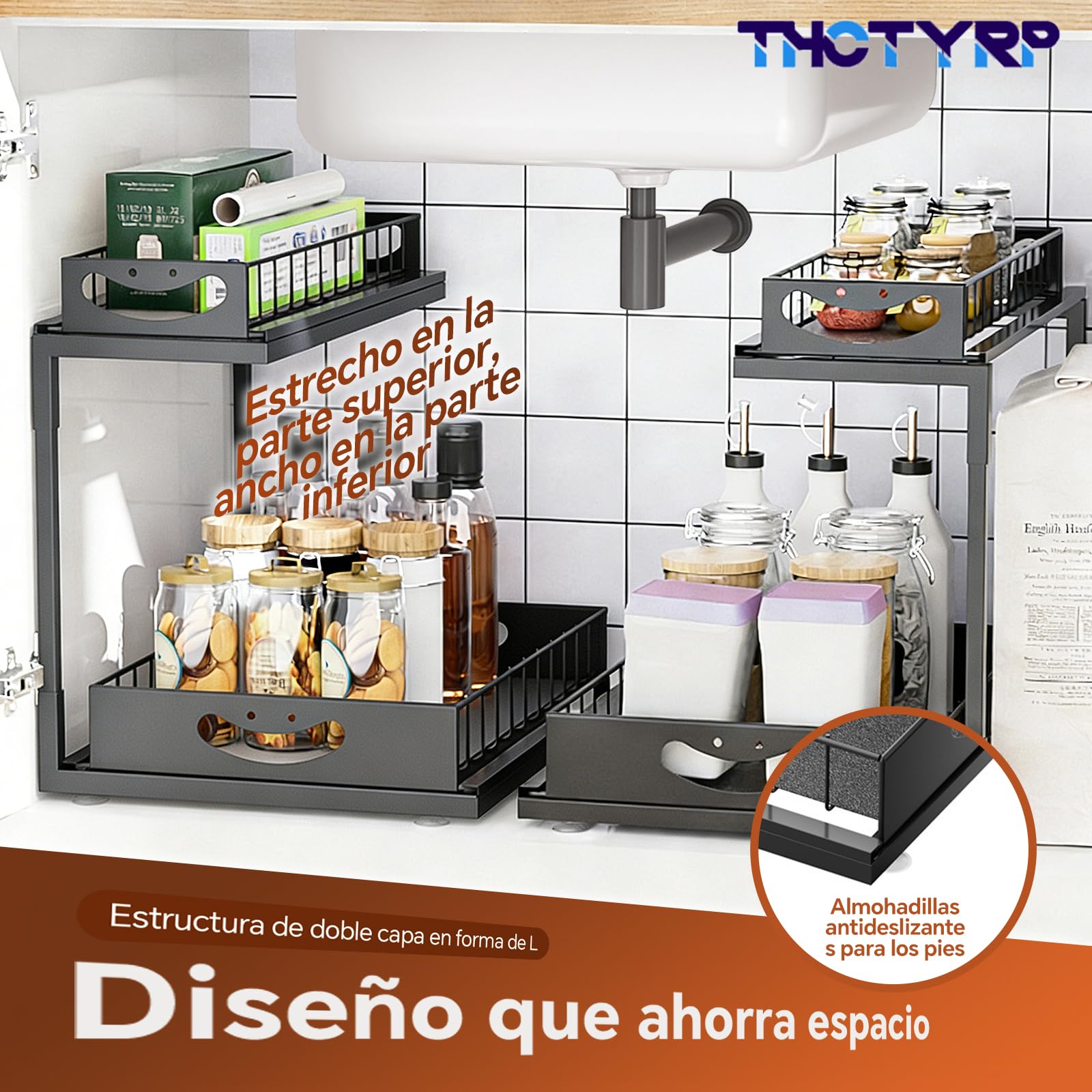 Estante metálico extensible, 2 niveles, debajo del lavabo y fregadero, organizador para armarios de cocina y baño (Negro)